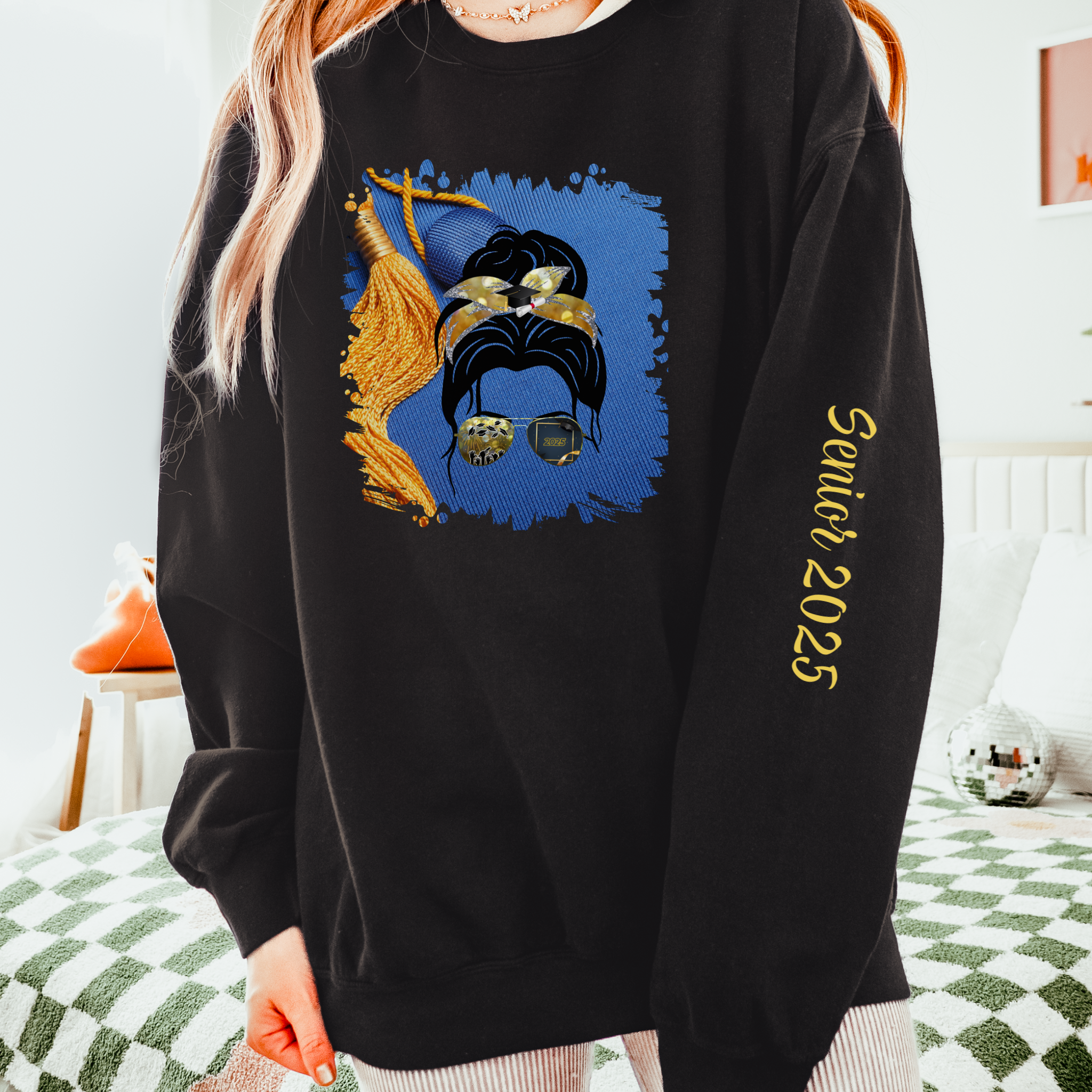 Graduation Cap, Dark Hair Messy Bun, Unisex Lightweight Crewneck Sweatshirt