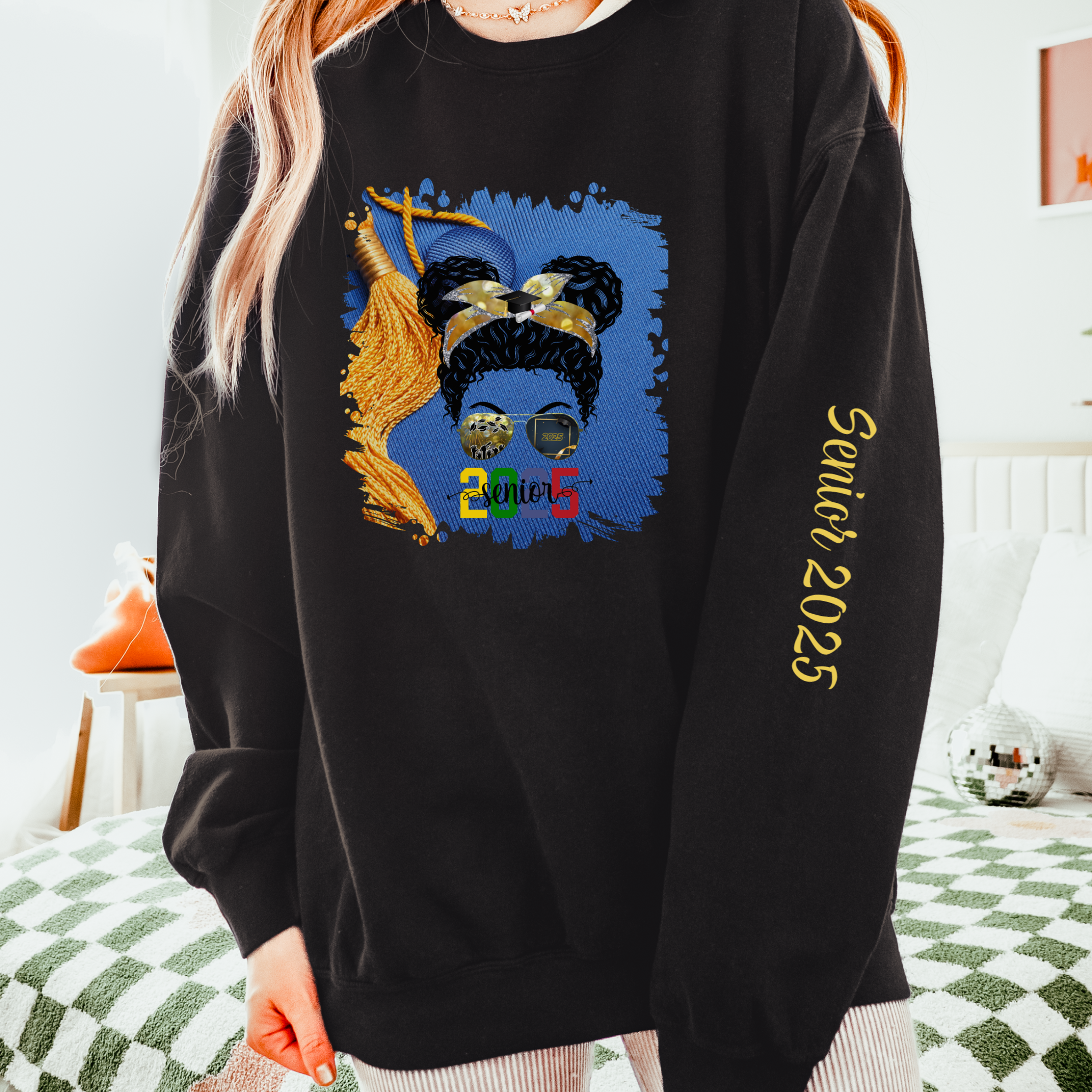 Senior 2025 Colorful, Graduation Cap, Black Hair Messy Bun, Unisex Lightweight Crewneck Sweatshirt
