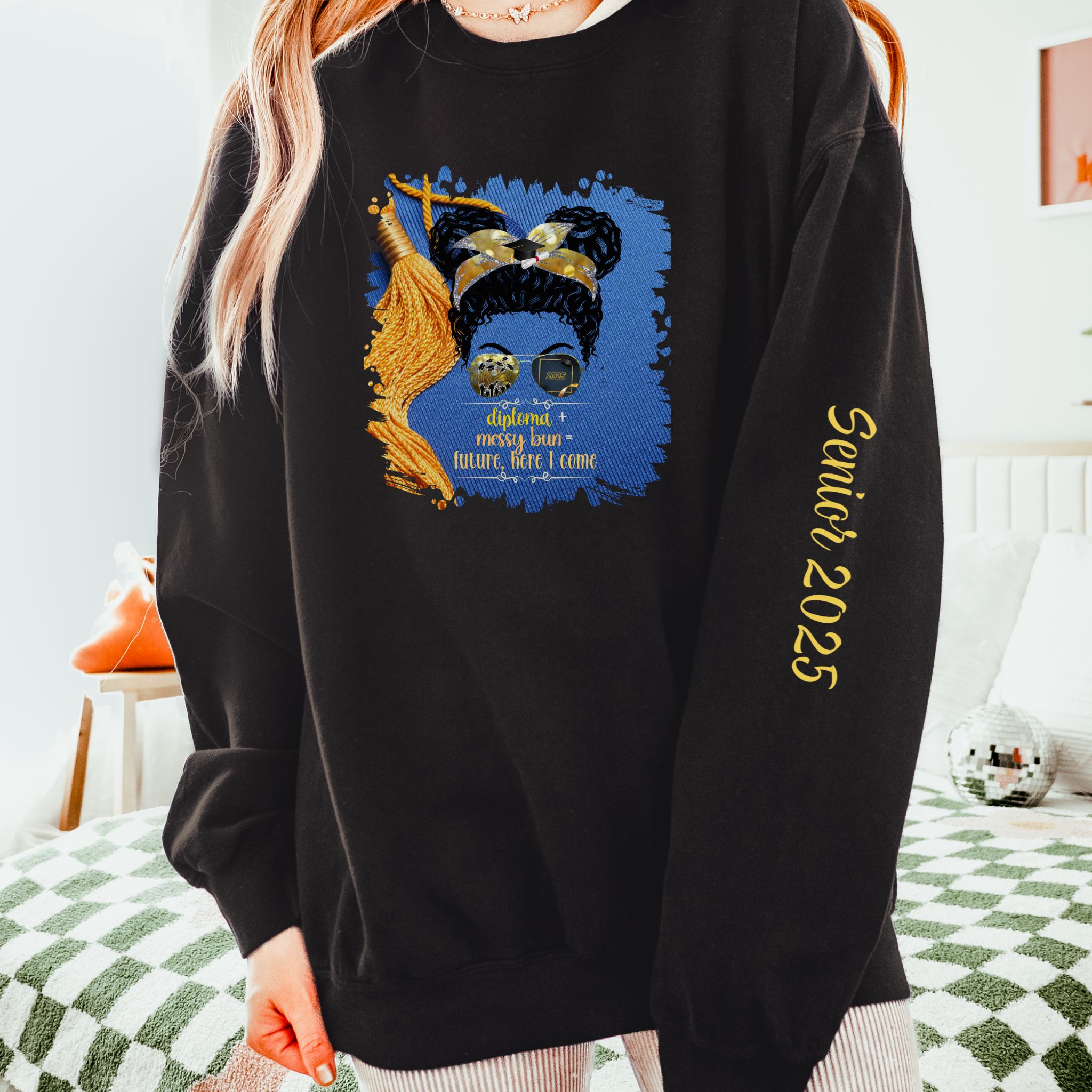 Diploma + Messy Bun, Graduation Cap, Black Hair Messy Bun, Unisex Lightweight Crewneck Sweatshirt