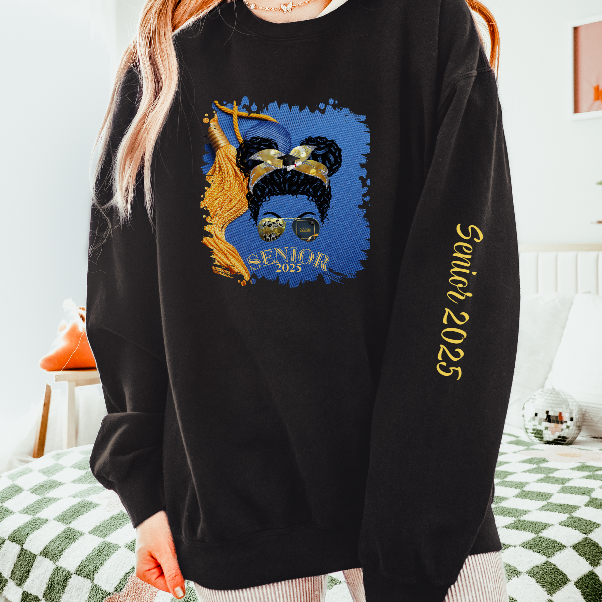 Senior 2025, Graduation Cap, Black Hair Messy Bun, Unisex Lightweight Crewneck Sweatshirt