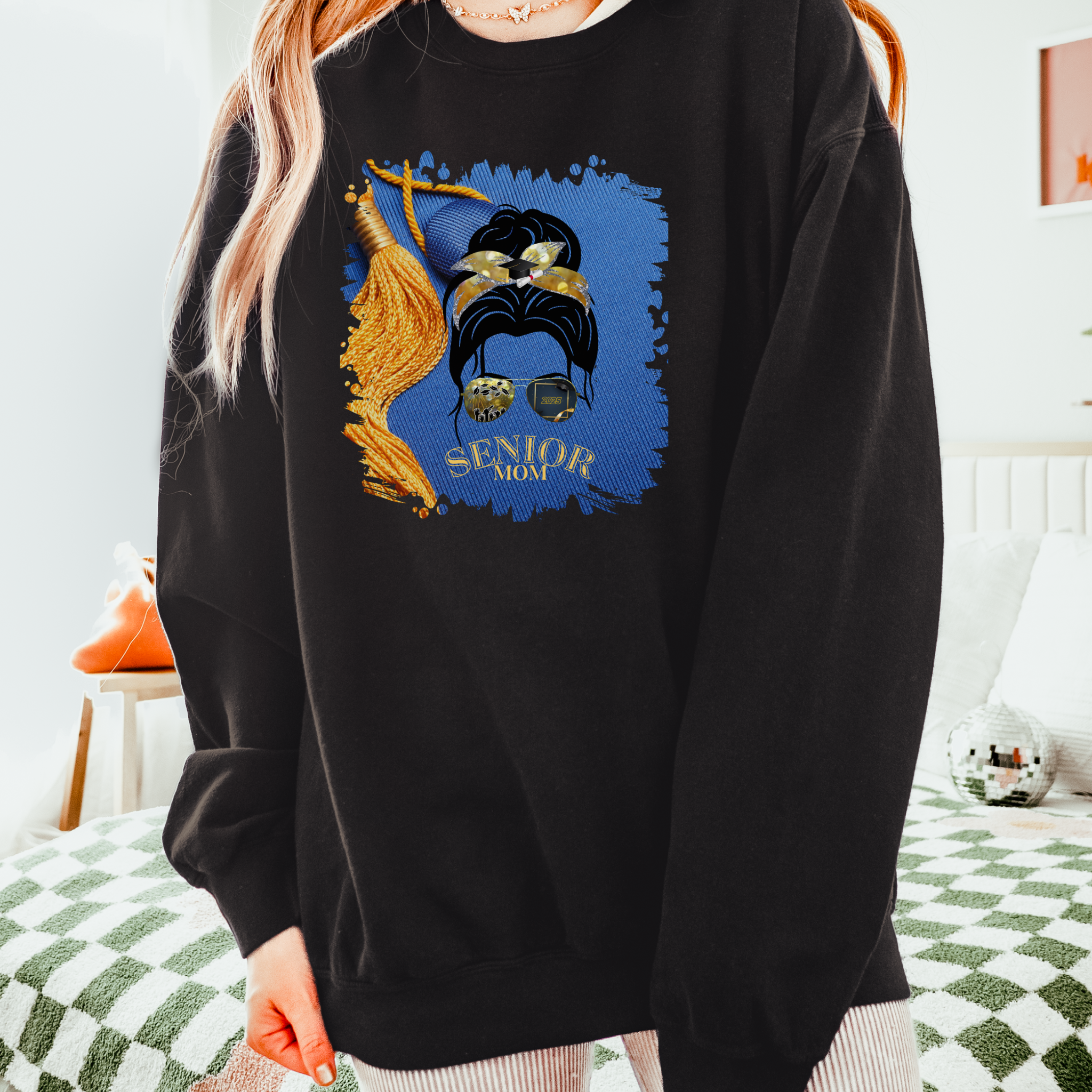 Senior Mom, Graduation Cap, Dark Hair Messy Bun, Unisex Lightweight Crewneck Sweatshirt