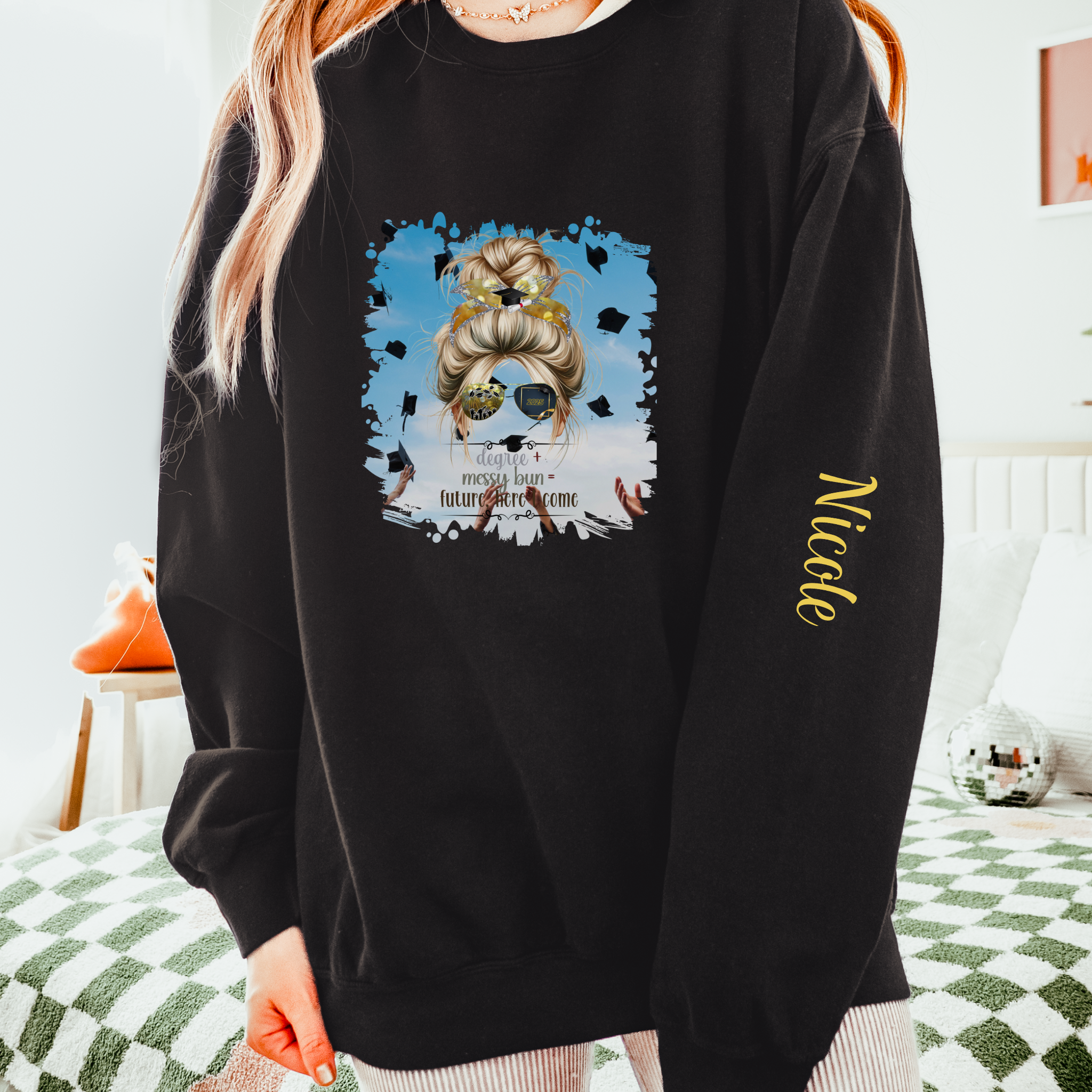 Degree + Messy Bun, Celebration, Blond Hair Messy Bun, Unisex Lightweight Crewneck Sweatshirt