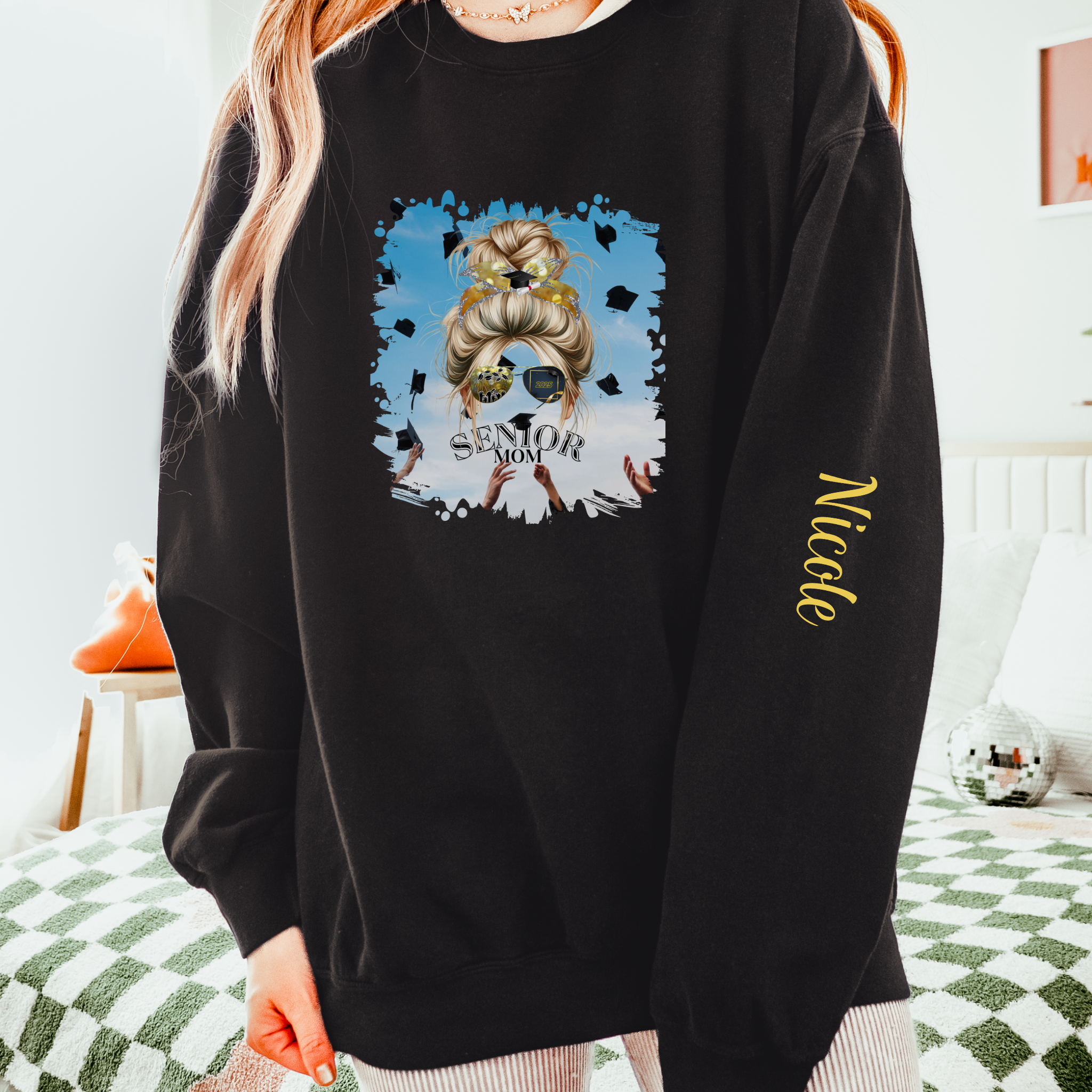 Senior Mom, Celebration, Blond Hair Messy Bun, Unisex Lightweight Crewneck Sweatshirt