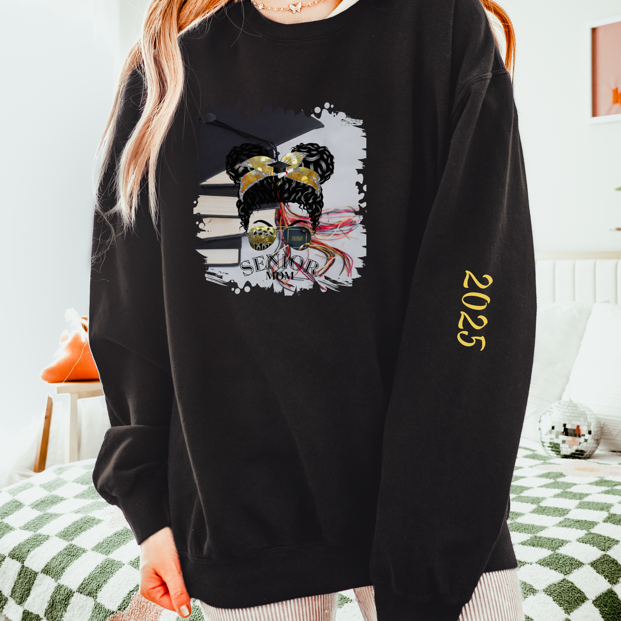 Senior Mom, Cap & Books, Black Hair Messy Bun, Unisex Lightweight Crewneck Sweatshirt