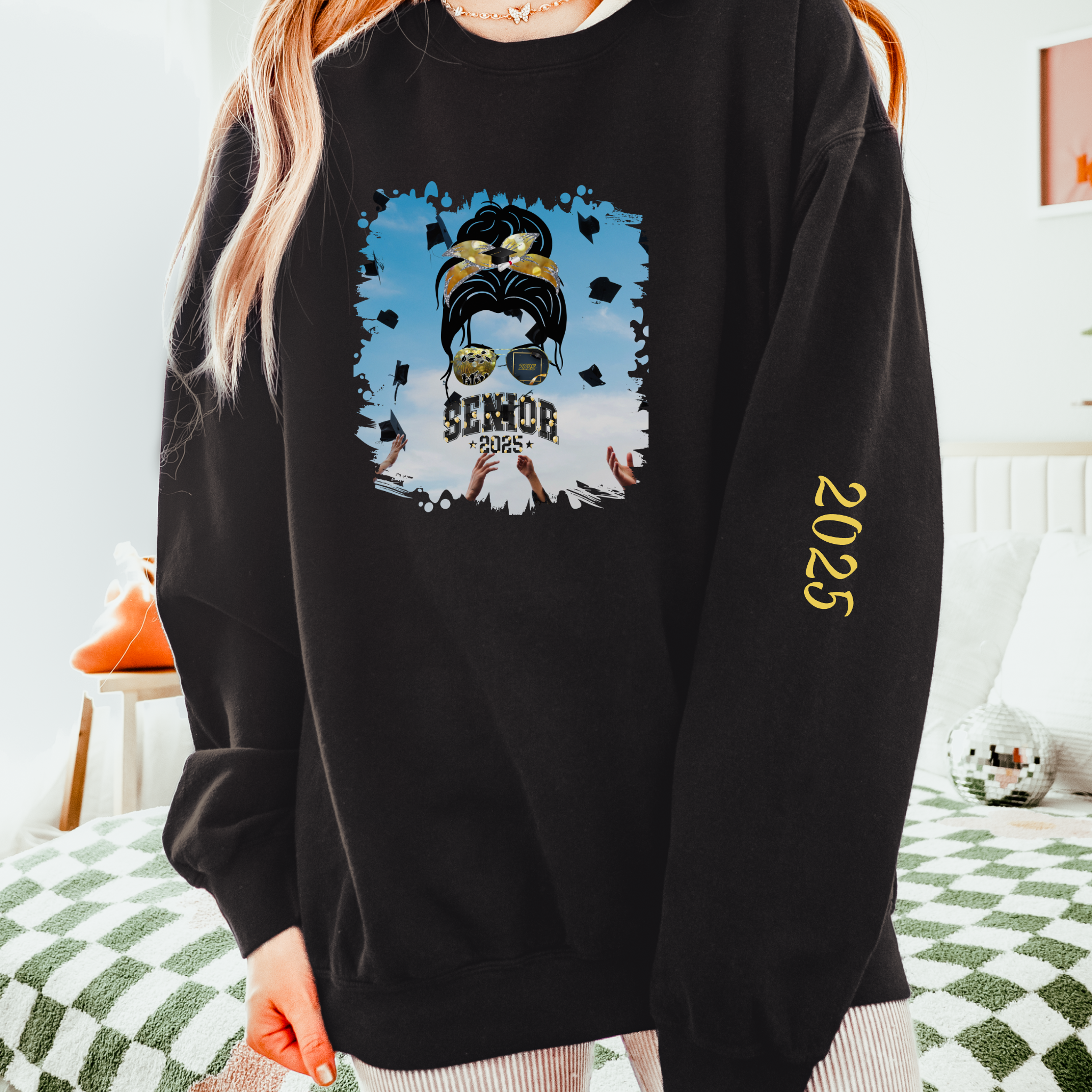 Senior 2025 Balloons, Celebration, Dark Hair Messy Bun, Unisex Lightweight Crewneck Sweatshirt