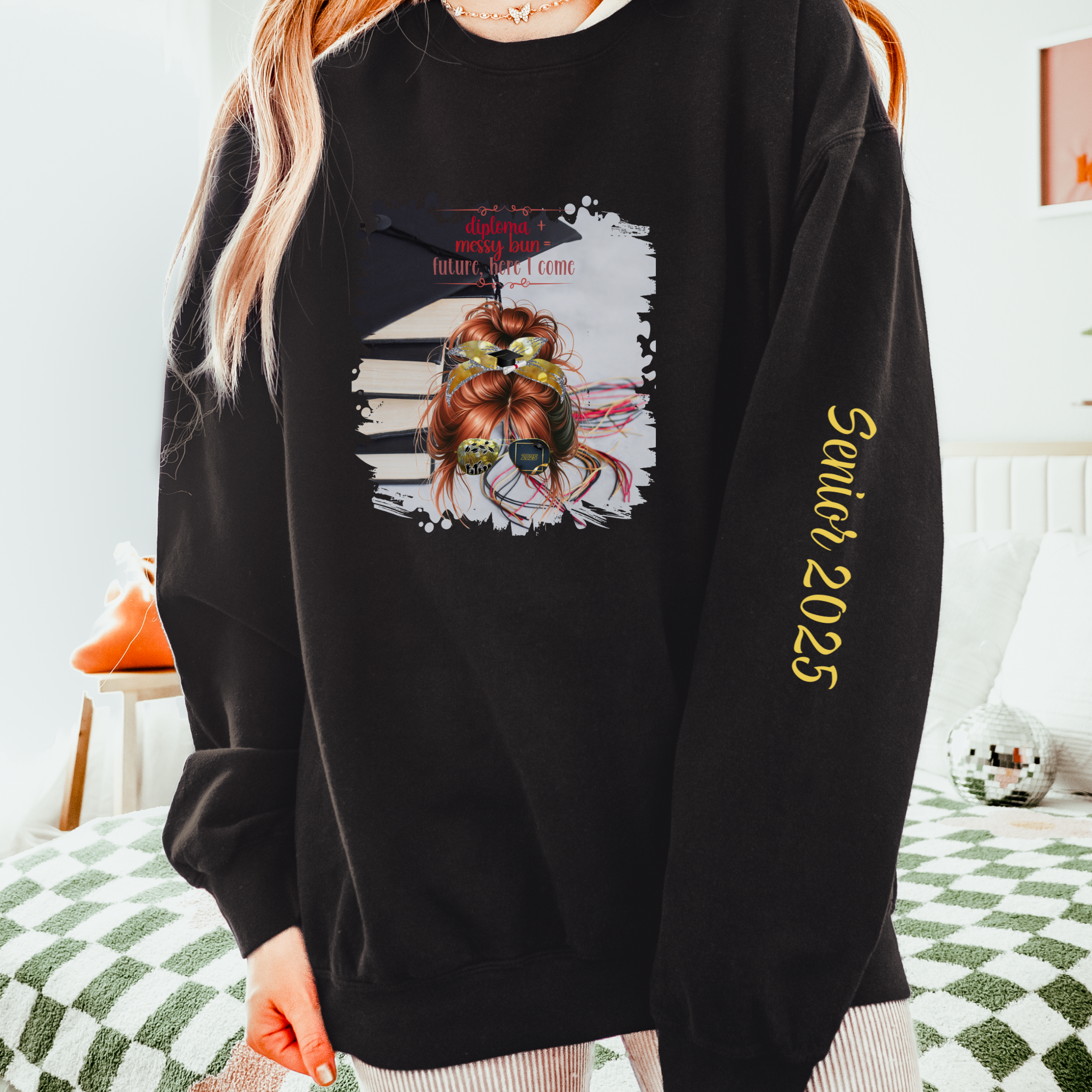 Diploma + Messy Bun, Cap & Books, Red Hair Messy Bun, Unisex Lightweight Crewneck Sweatshirt