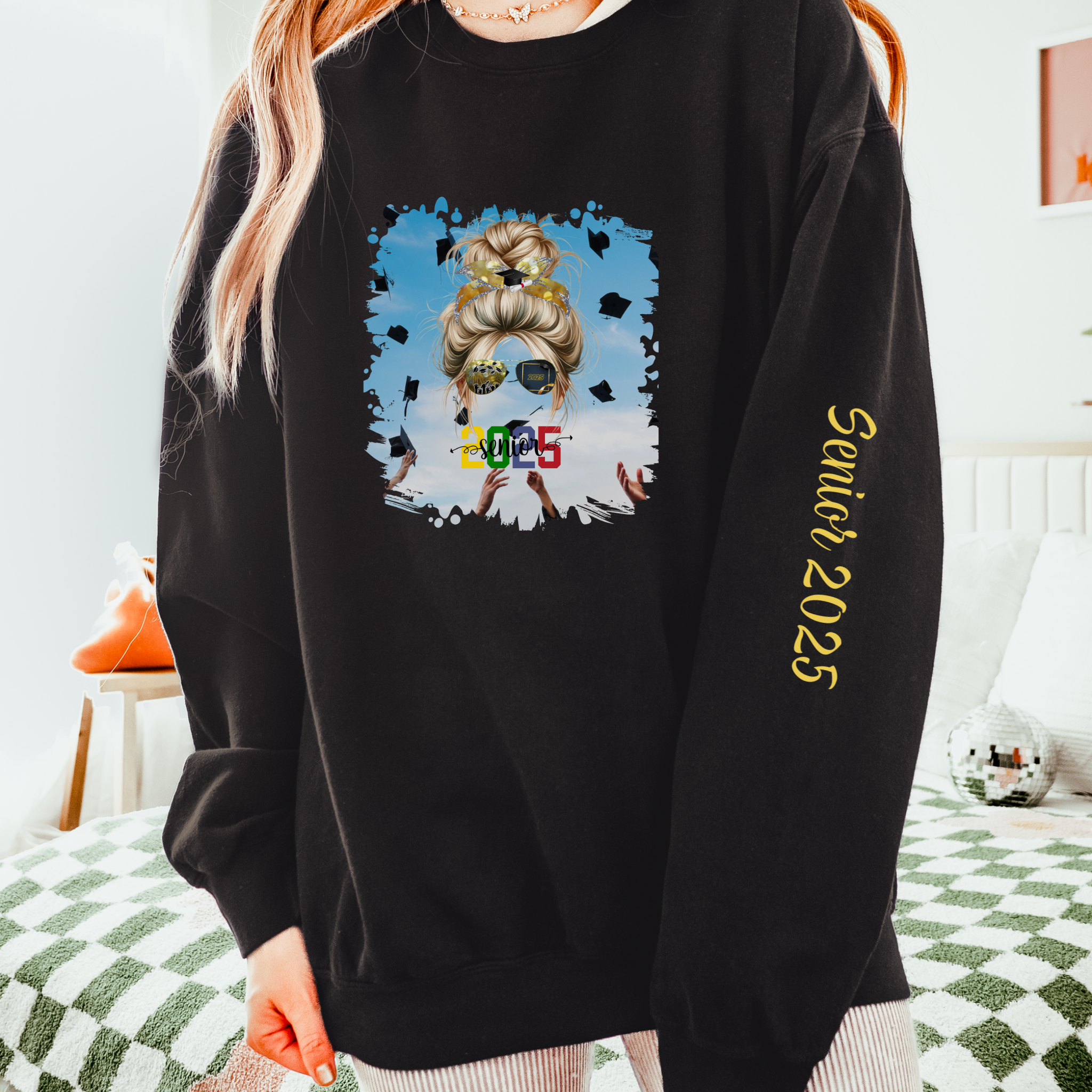 Senior 2025 Colorful, Celebration, Blond Hair Messy Bun, Unisex Lightweight Crewneck Sweatshirt