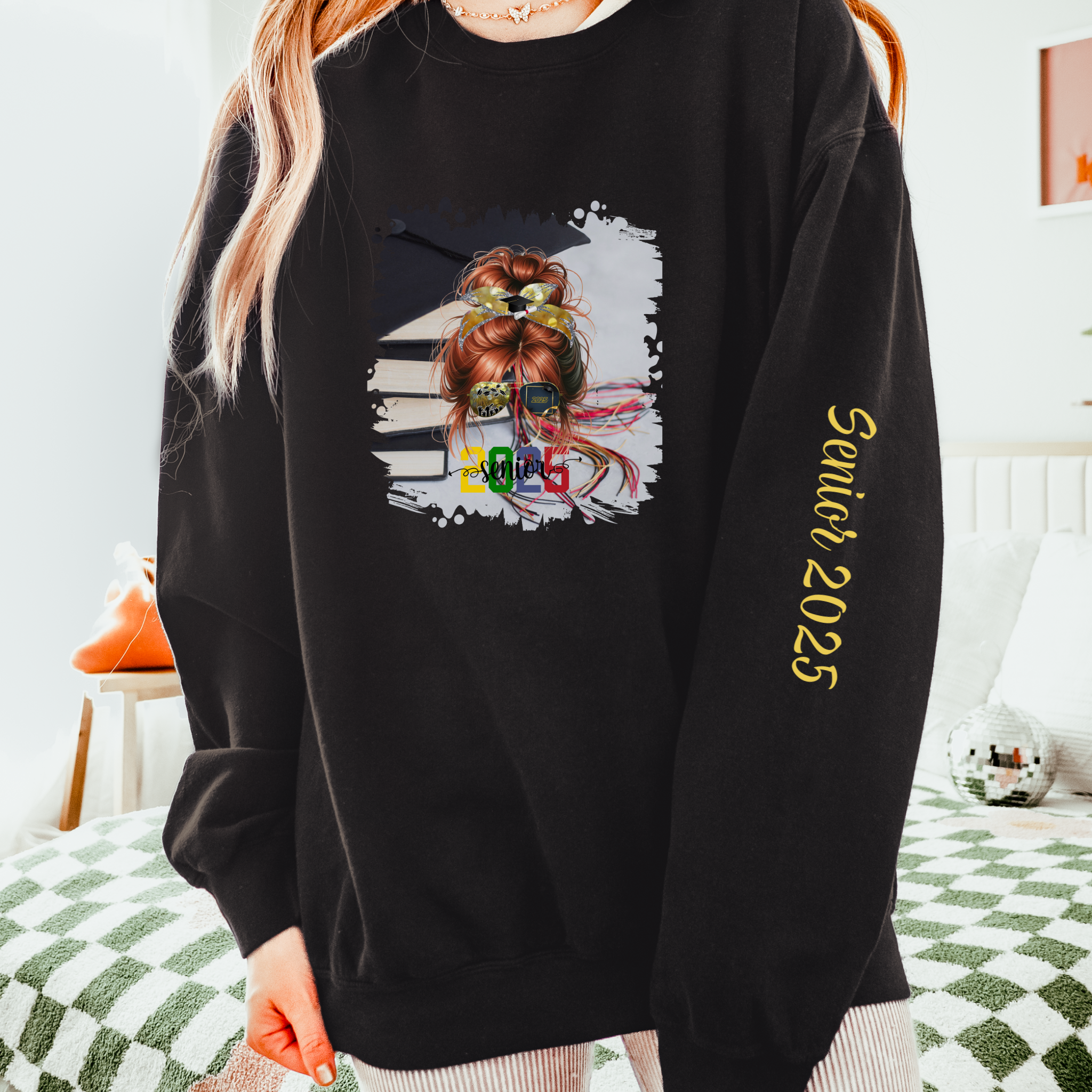 Senior 2025 Colorful, Cap & Books, Red Hair Messy Bun, Unisex Lightweight Crewneck Sweatshirt