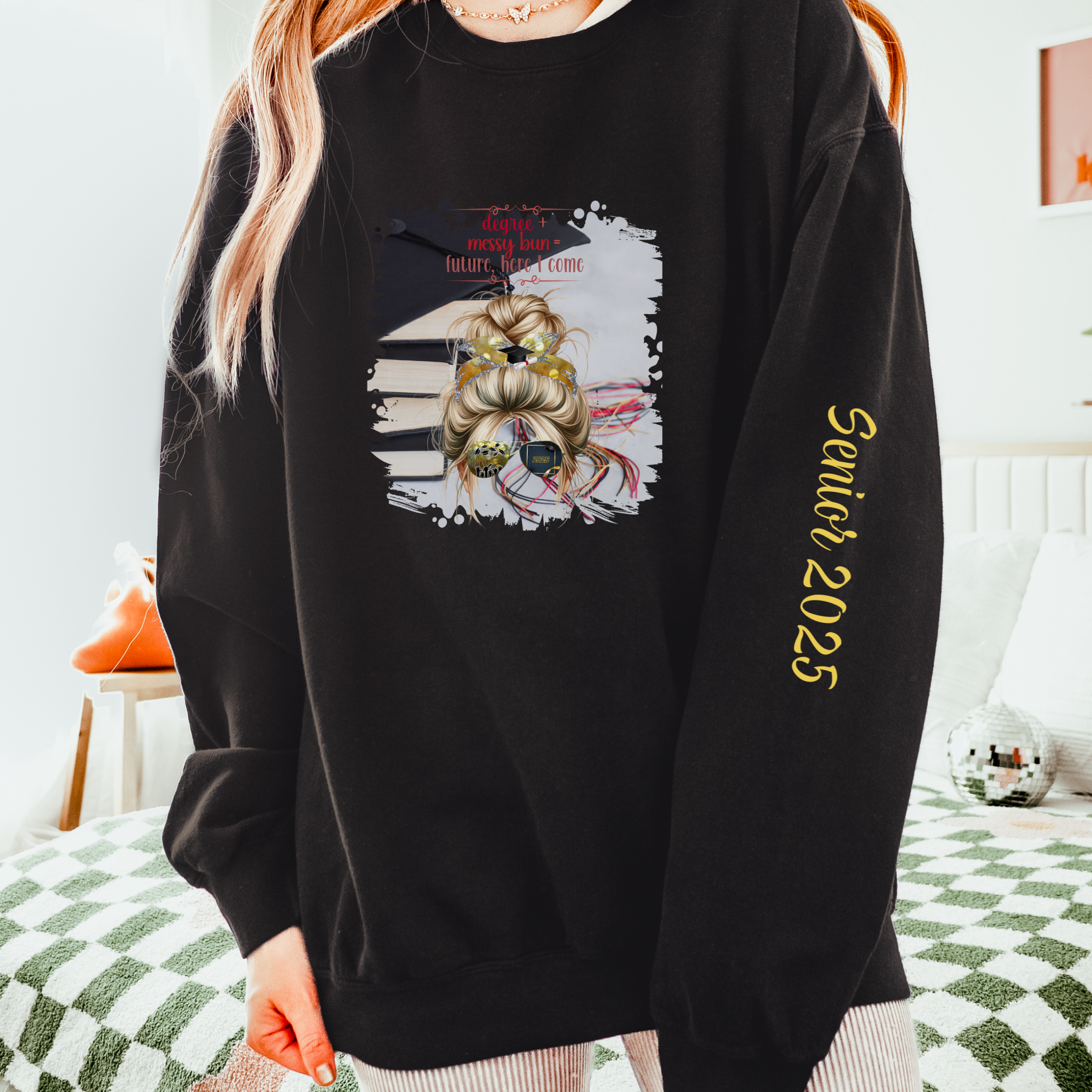Degree + Messy Bun, Cap & Books, Blond Hair Messy Bun, Unisex Lightweight Crewneck Sweatshirt
