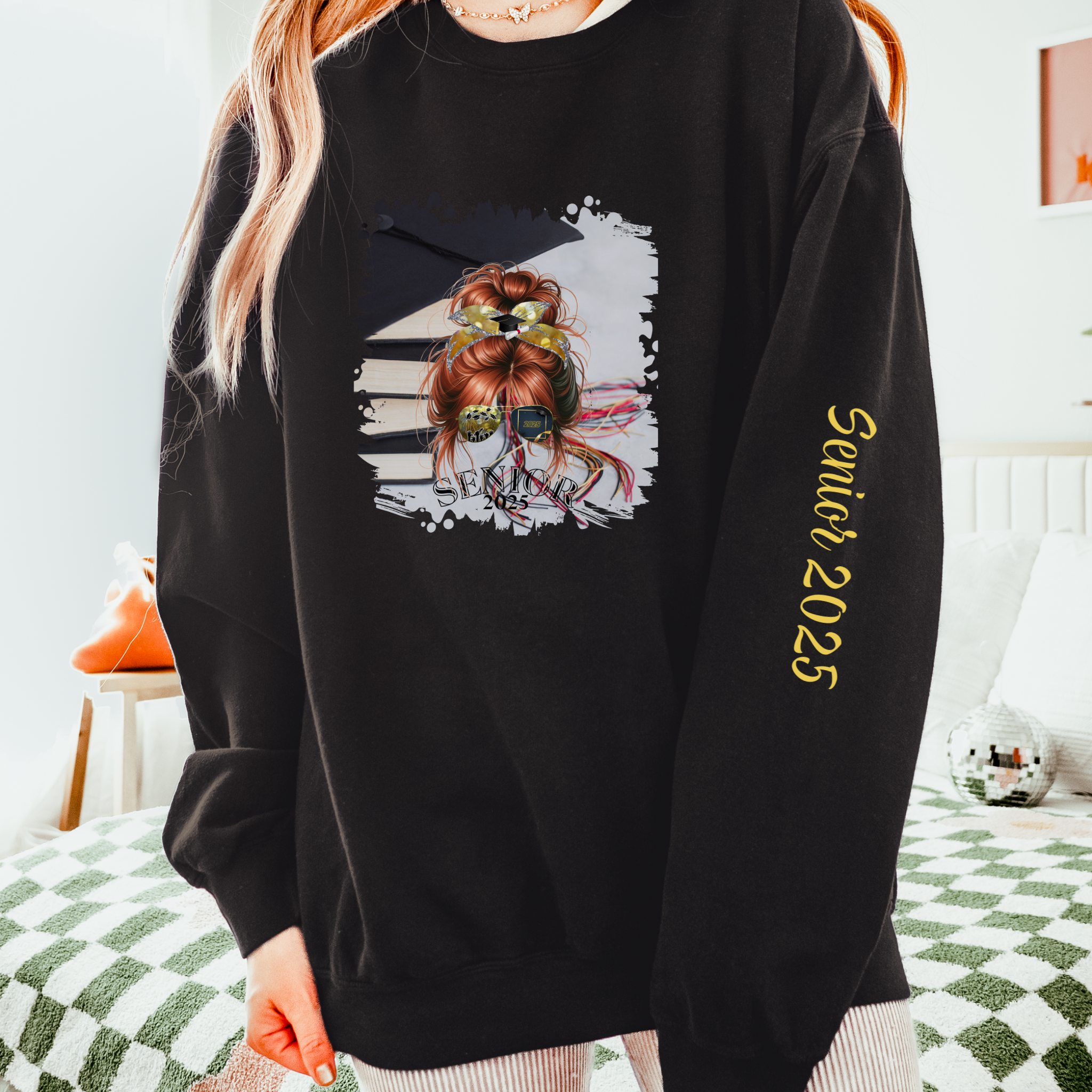 Senior Mom, Cap & Books, Red Hair Messy Bun, Unisex Lightweight Crewneck Sweatshirt