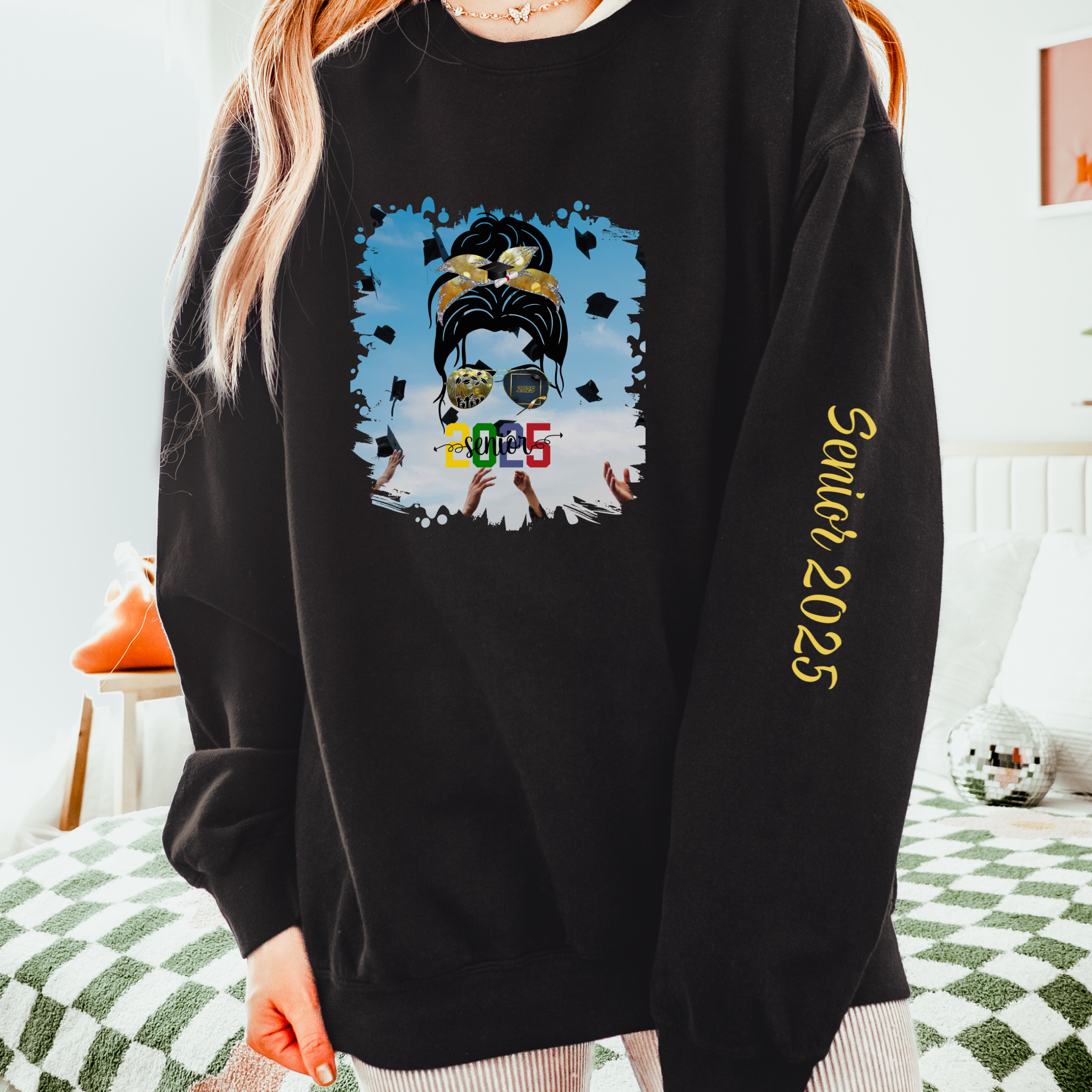 Senior 2025 Colorful, Celebration, Dark Hair Messy Bun, Unisex Lightweight Crewneck Sweatshirt