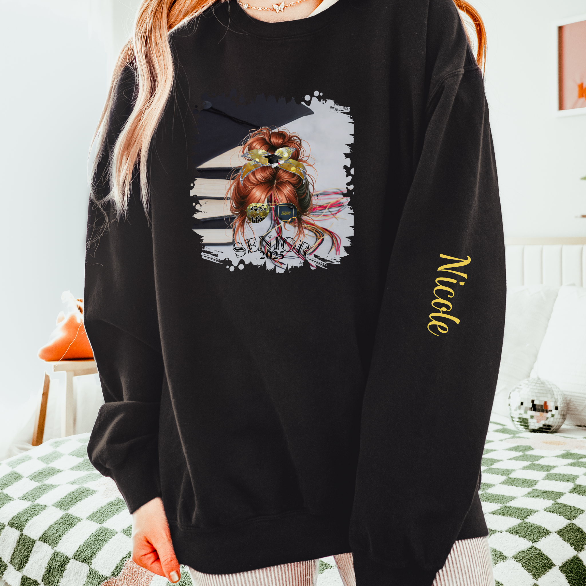 Senior 2025, Cap & Books, Red Hair Messy Bun, Unisex Lightweight Crewneck Sweatshirt