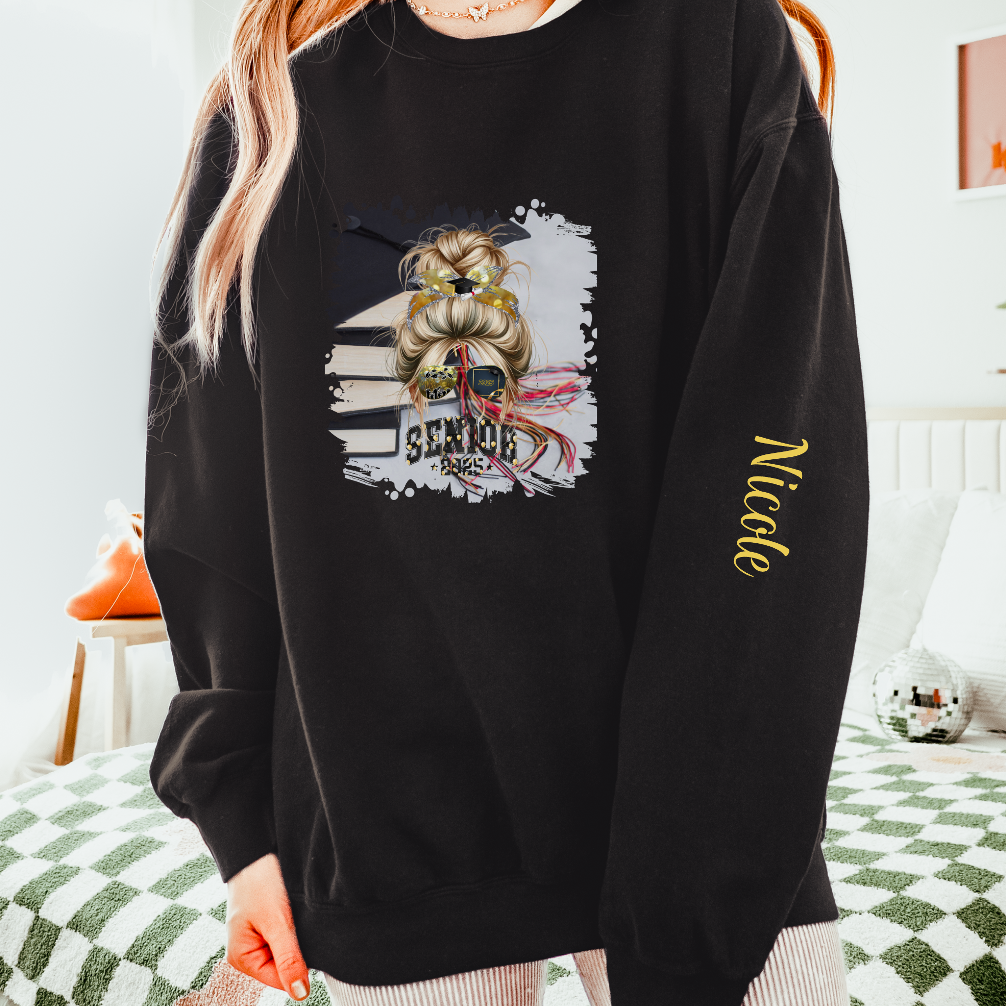 Senior 2025 Balloons, Cap & Books, Blond Hair Messy Bun, Unisex Lightweight Crewneck Sweatshirt