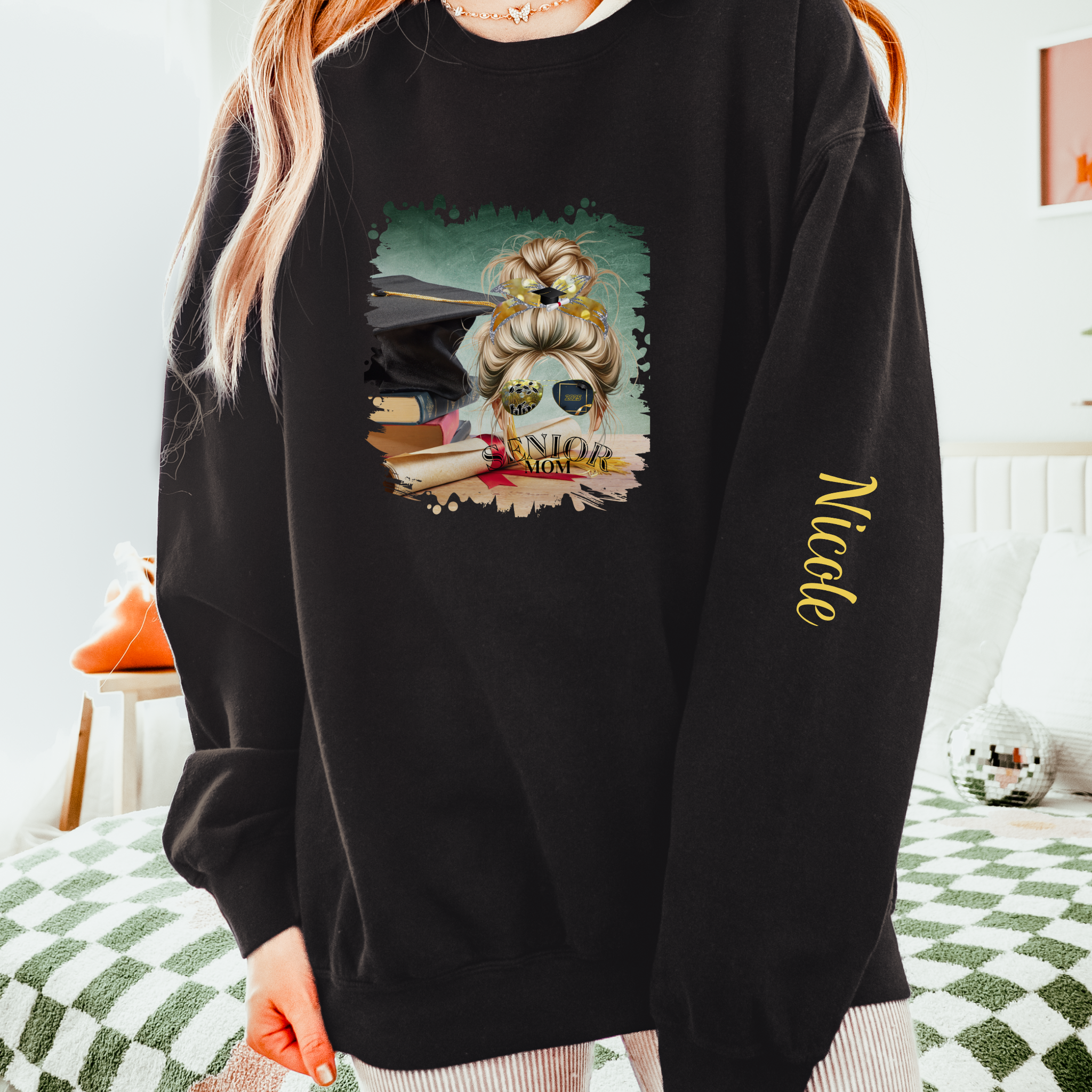 Senior Mom, Cap & Degree/Diploma, Blond Hair Messy Bun, Unisex Lightweight Crewneck Sweatshirt