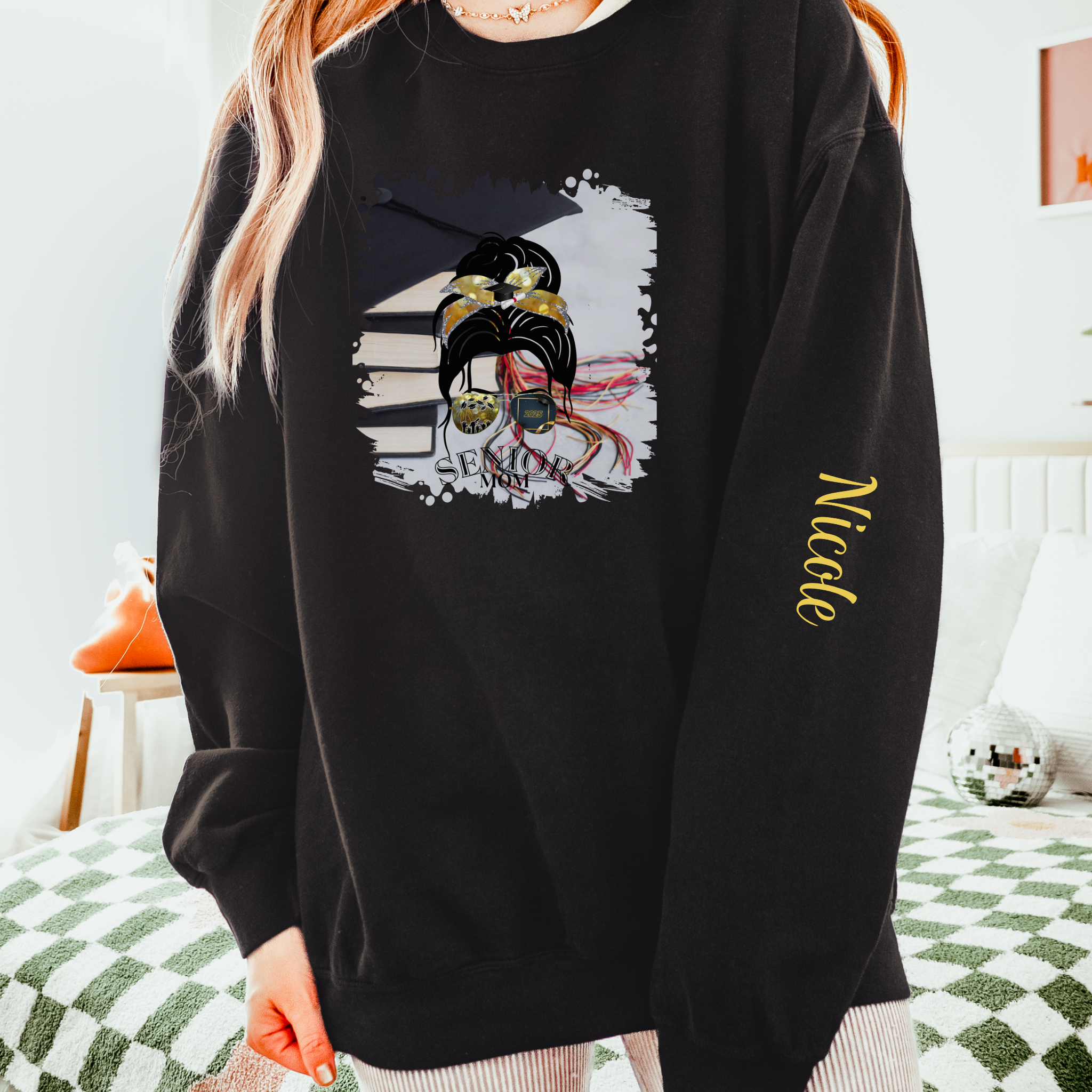 Senior Mom, Cap & Books, Dark Hair Messy Bun, Unisex Lightweight Crewneck Sweatshirt