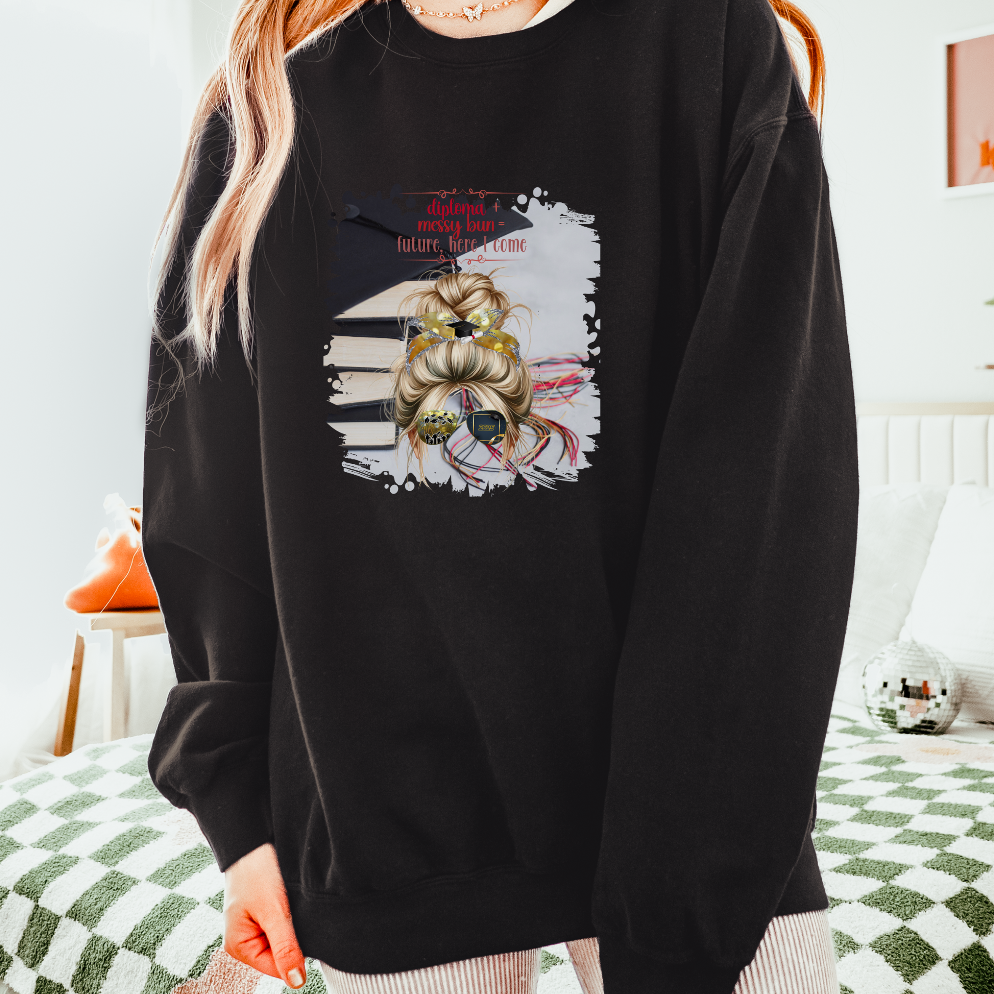 Diploma + Messy Bun, Cap & Books, Blond Hair Messy Bun, Unisex Lightweight Crewneck Sweatshirt