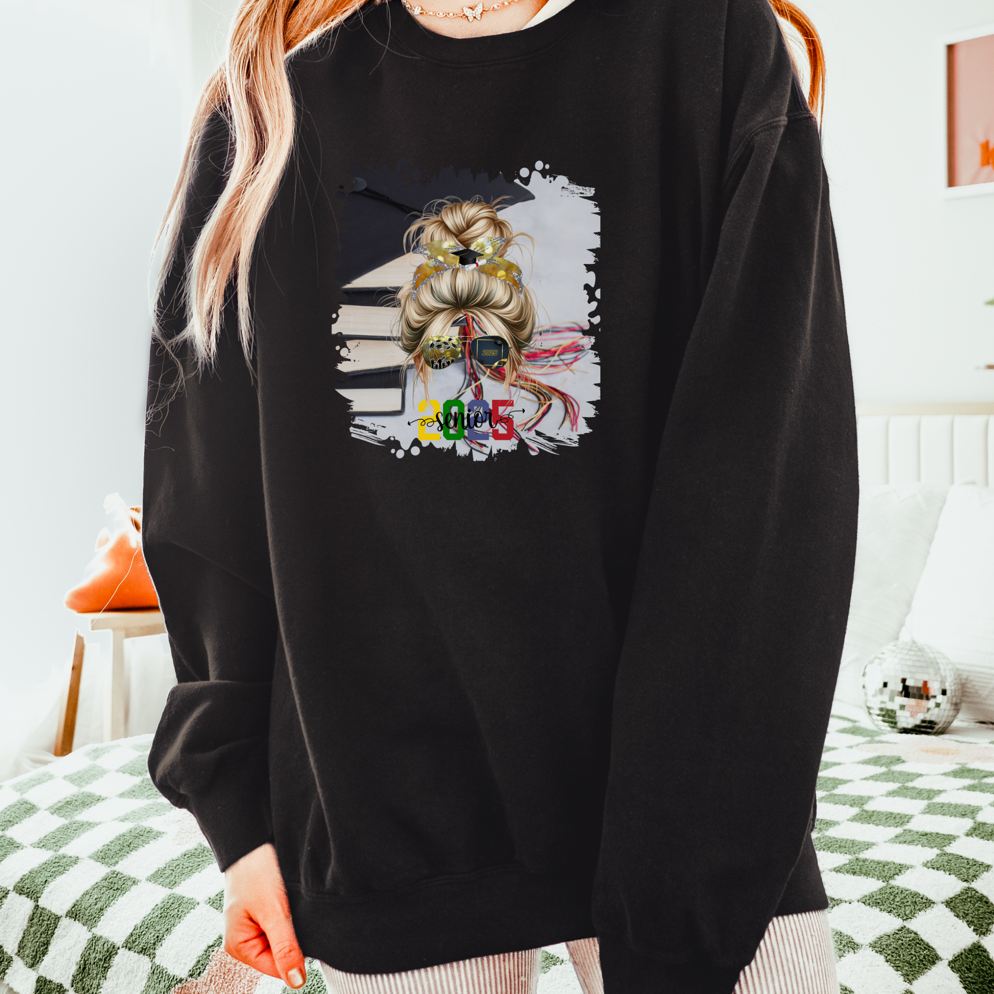 Senior 2025 Colorful, Cap & Books, Blond Hair Messy Bun, Unisex Lightweight Crewneck Sweatshirt