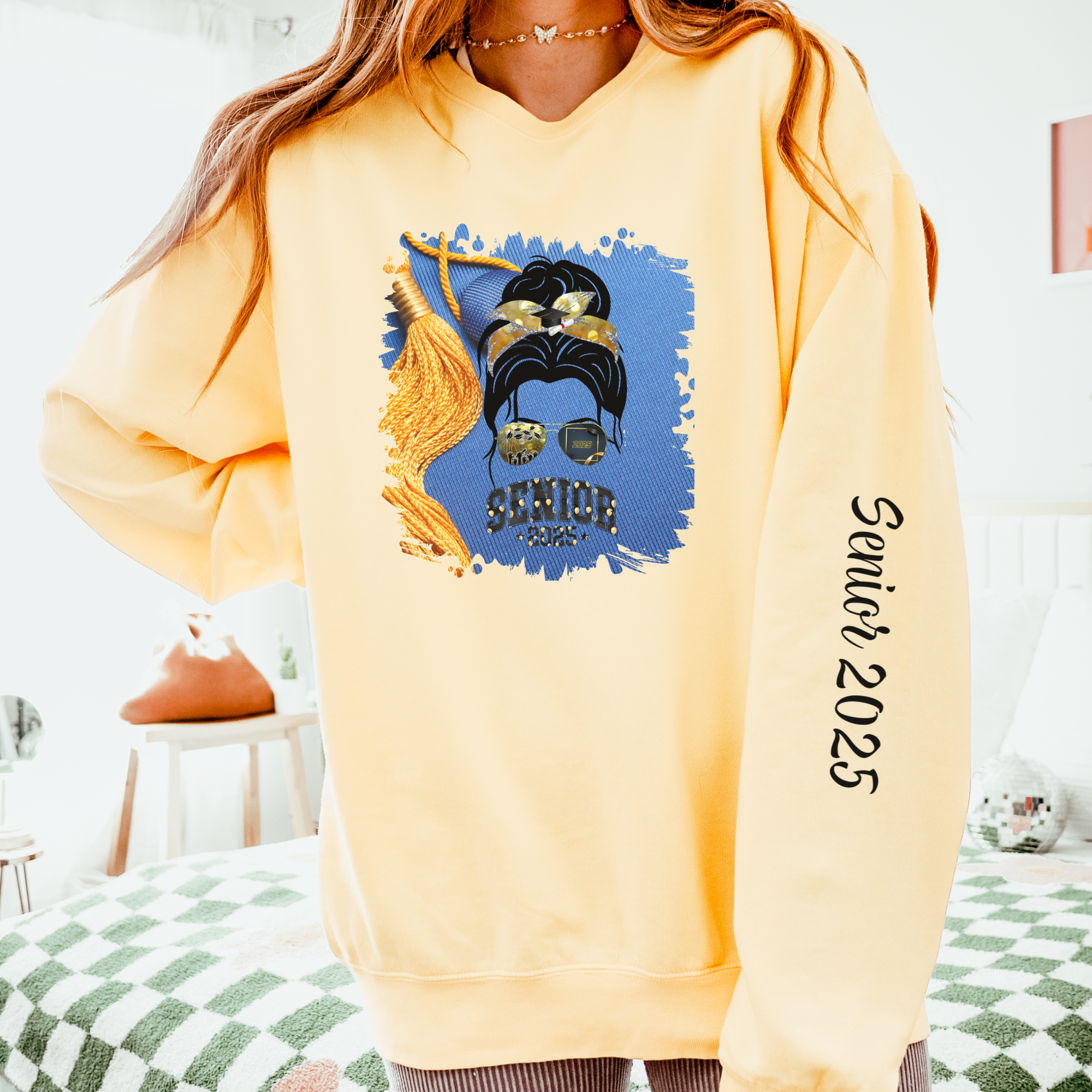 Senior 2025 Balloons, Graduation Cap, Dark Hair Messy Bun, Unisex Lightweight Crewneck Sweatshirt
