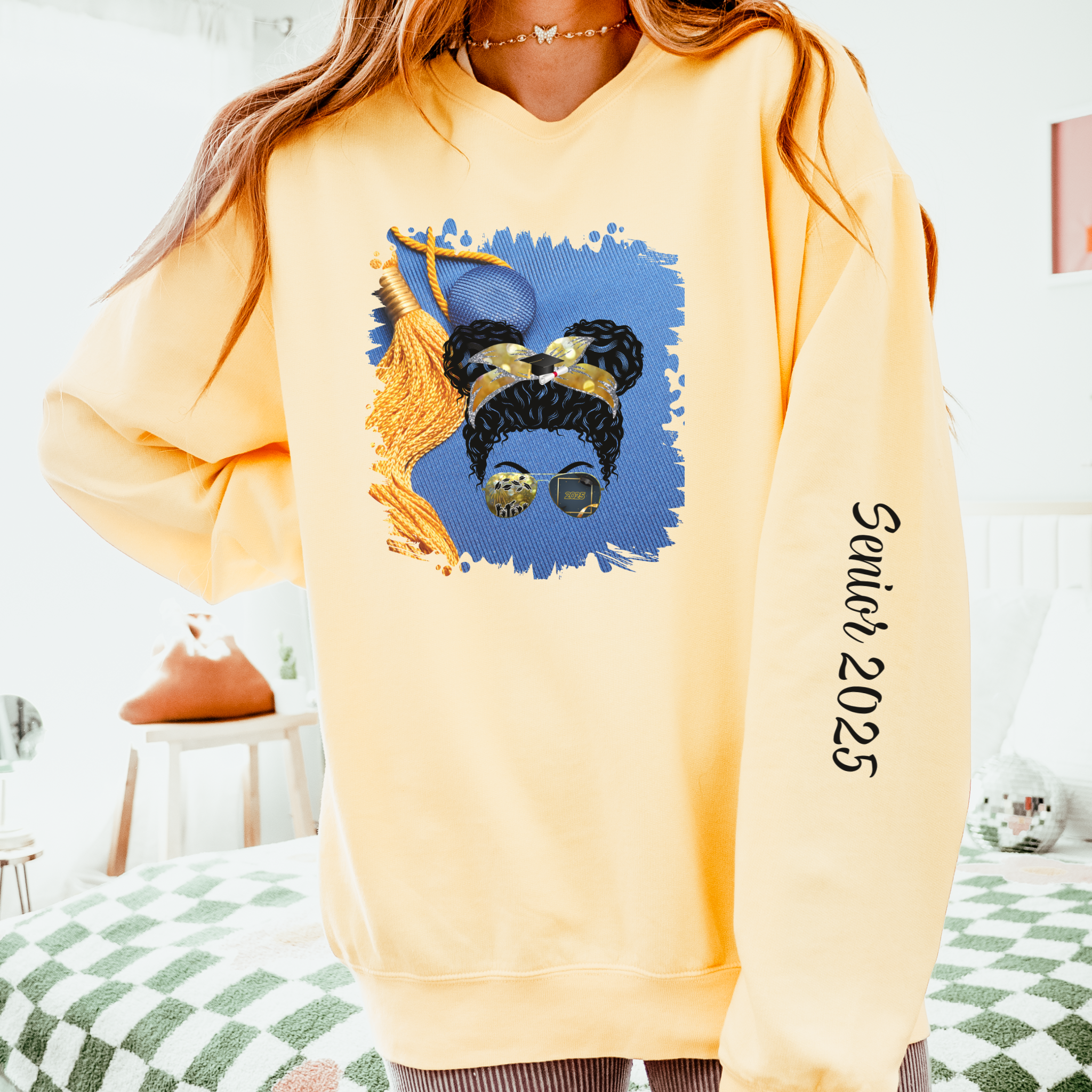 Graduation Cap, Black Hair Messy Bun, Unisex Lightweight Crewneck Sweatshirt