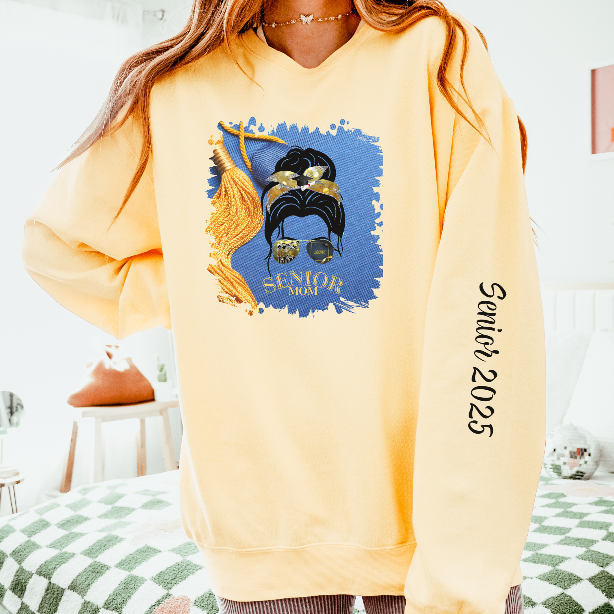 Senior Mom, Graduation Cap, Dark Hair Messy Bun, Unisex Lightweight Crewneck Sweatshirt