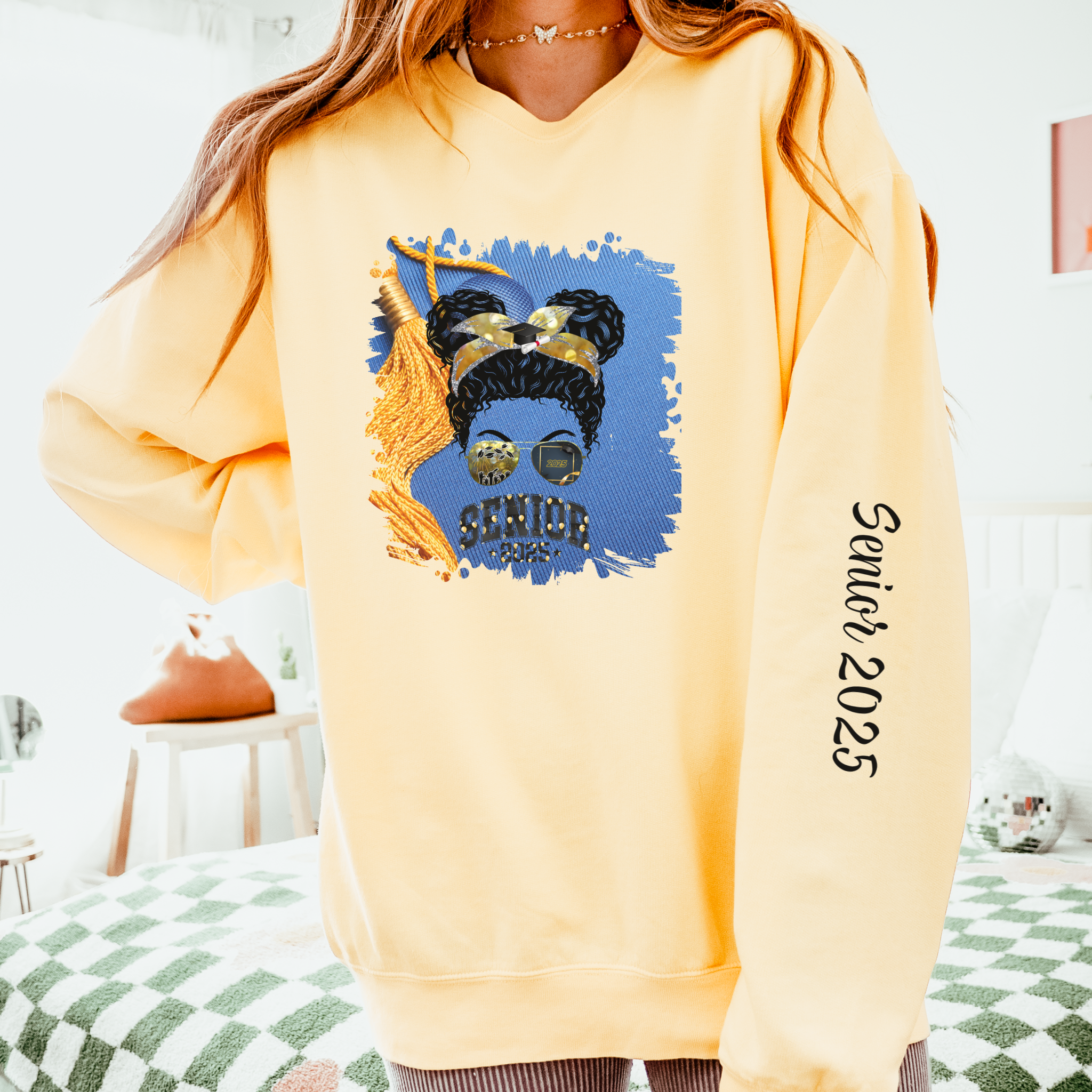 Senior 2025 Balloons, Graduation Cap, Black Hair Messy Bun, Unisex Lightweight Crewneck Sweatshirt