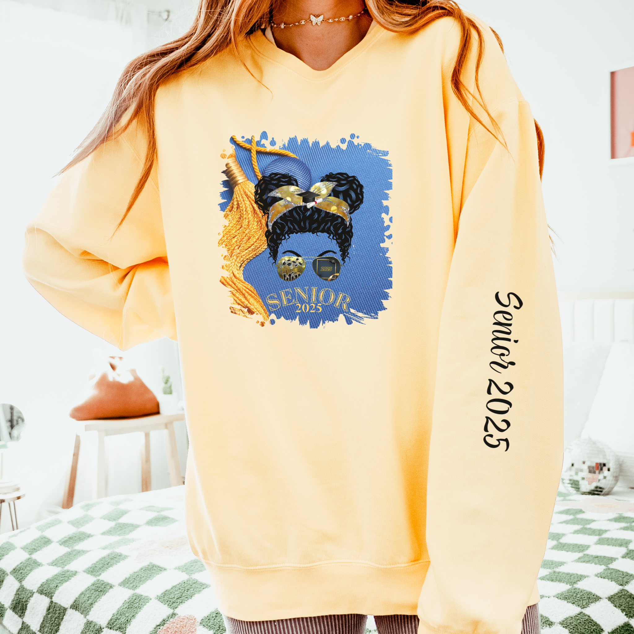 Senior 2025, Graduation Cap, Black Hair Messy Bun, Unisex Lightweight Crewneck Sweatshirt