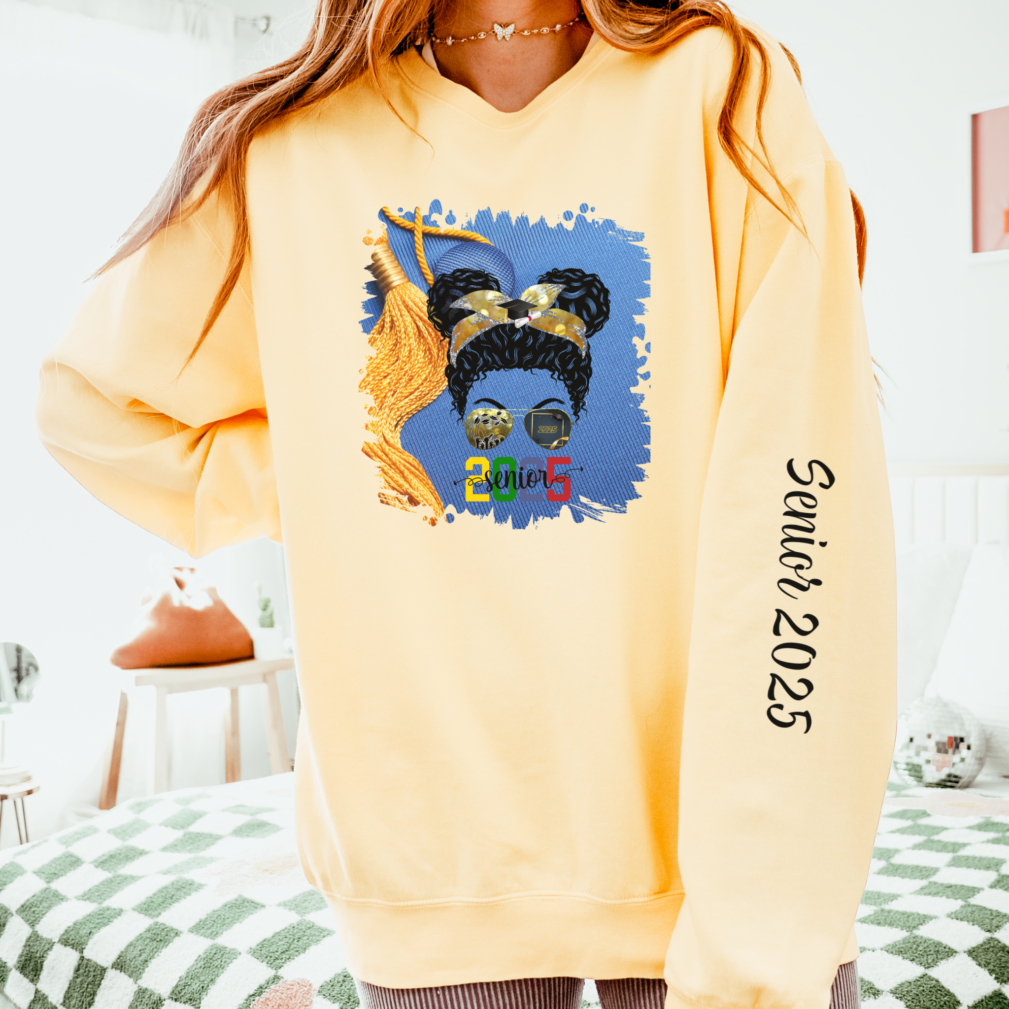 Senior 2025 Colorful, Graduation Cap, Black Hair Messy Bun, Unisex Lightweight Crewneck Sweatshirt