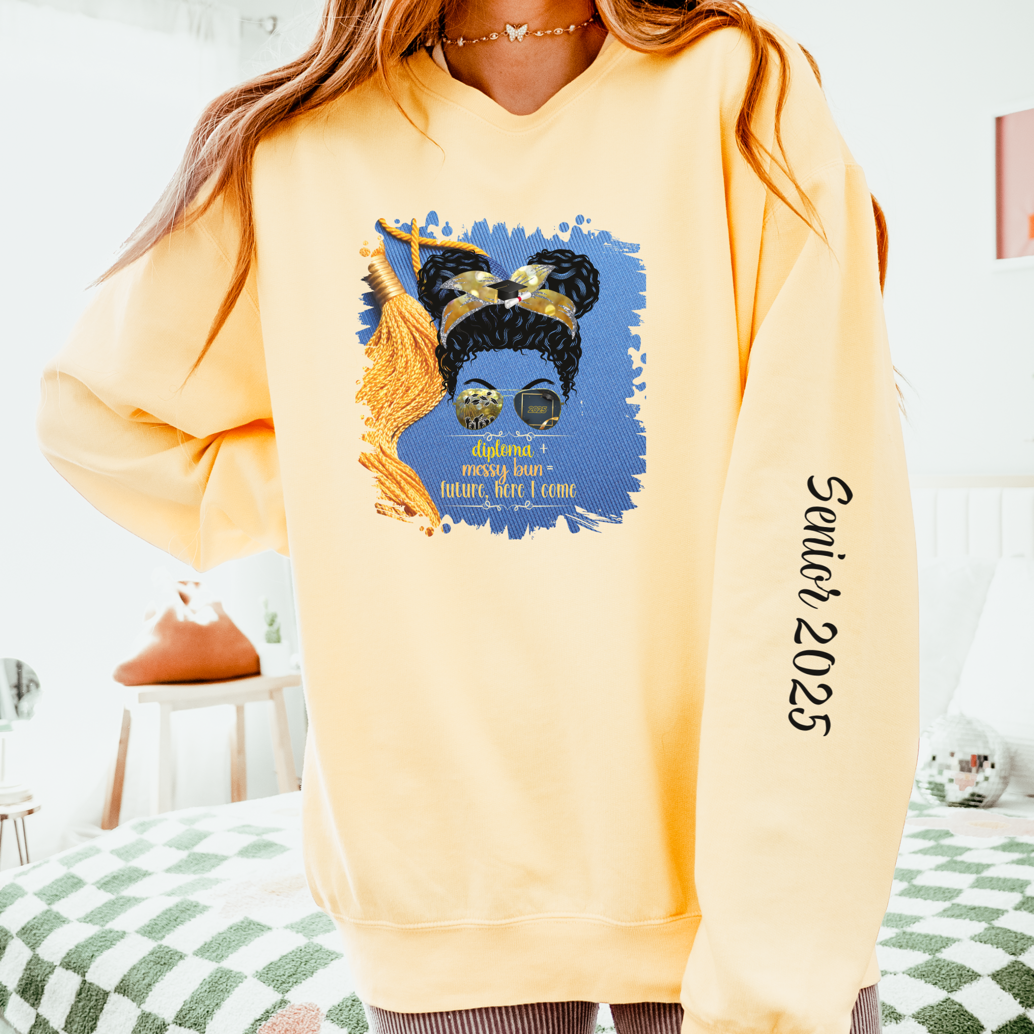 Diploma + Messy Bun, Graduation Cap, Black Hair Messy Bun, Unisex Lightweight Crewneck Sweatshirt