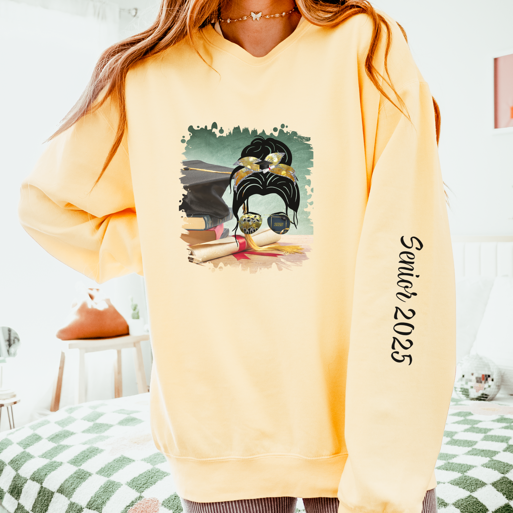 Cap & Degree/Diploma, Dark Hair Messy Bun, Unisex Lightweight Crewneck Sweatshirt
