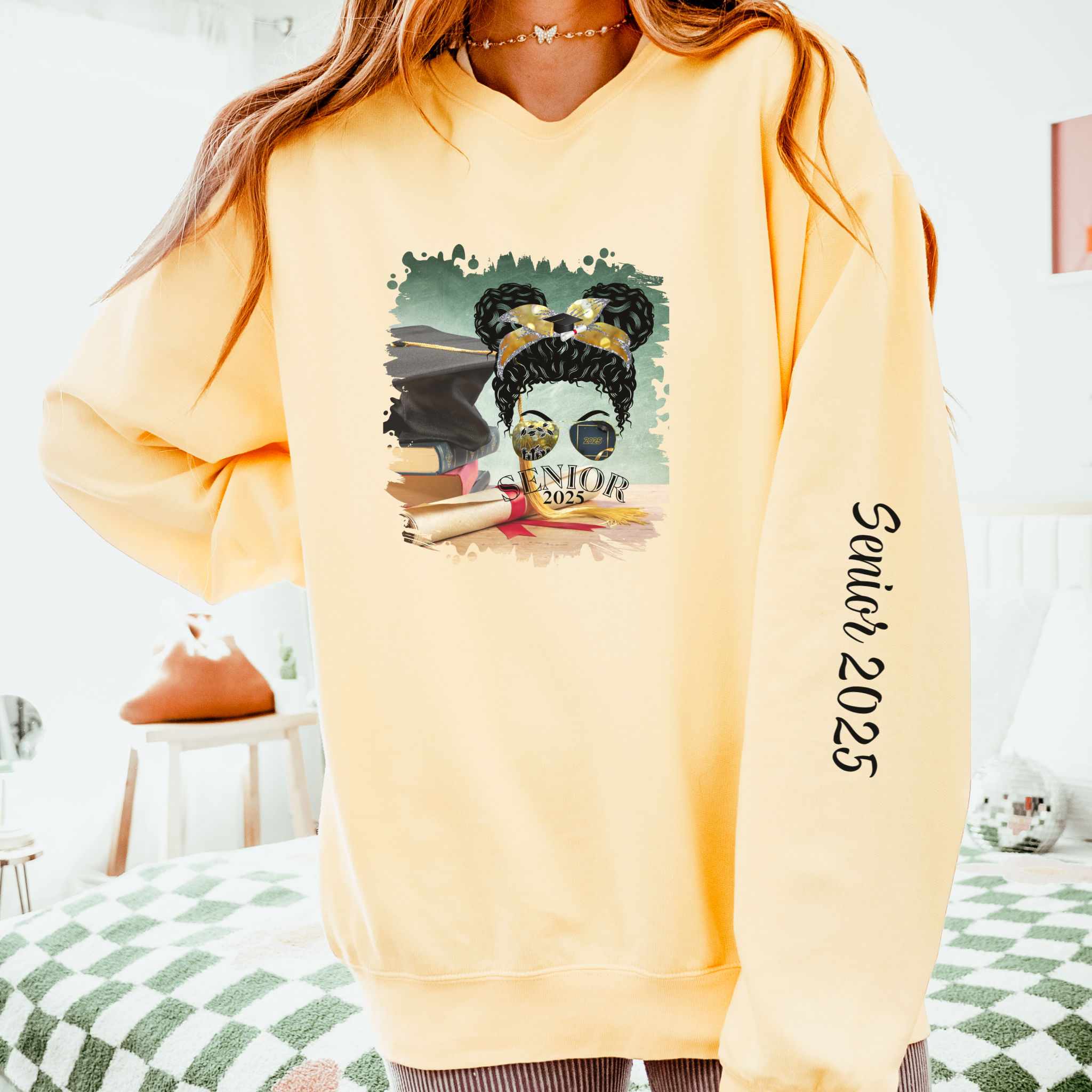 Senior 2025, Cap & Degree/Diploma, Black Hair Messy Bun, Unisex Lightweight Crewneck Sweatshirt