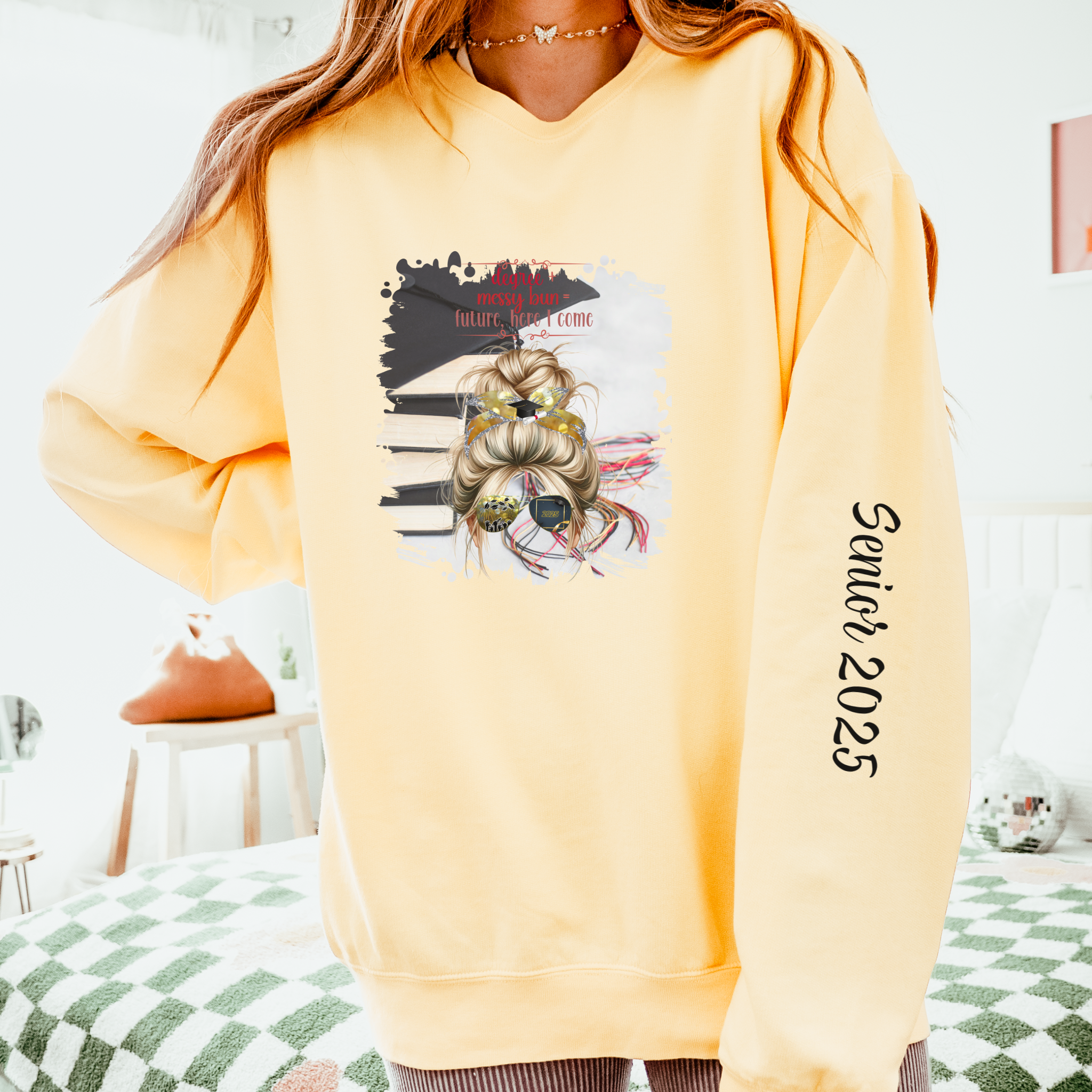Degree + Messy Bun, Cap & Books, Blond Hair Messy Bun, Unisex Lightweight Crewneck Sweatshirt