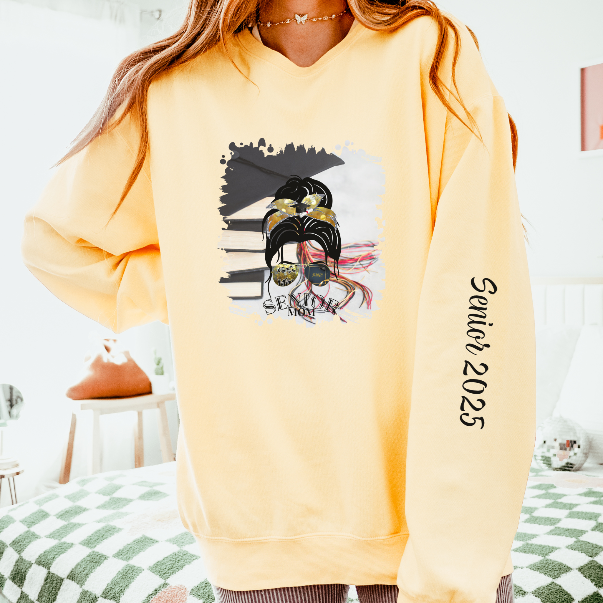 Senior Mom, Cap & Books, Dark Hair Messy Bun, Unisex Lightweight Crewneck Sweatshirt