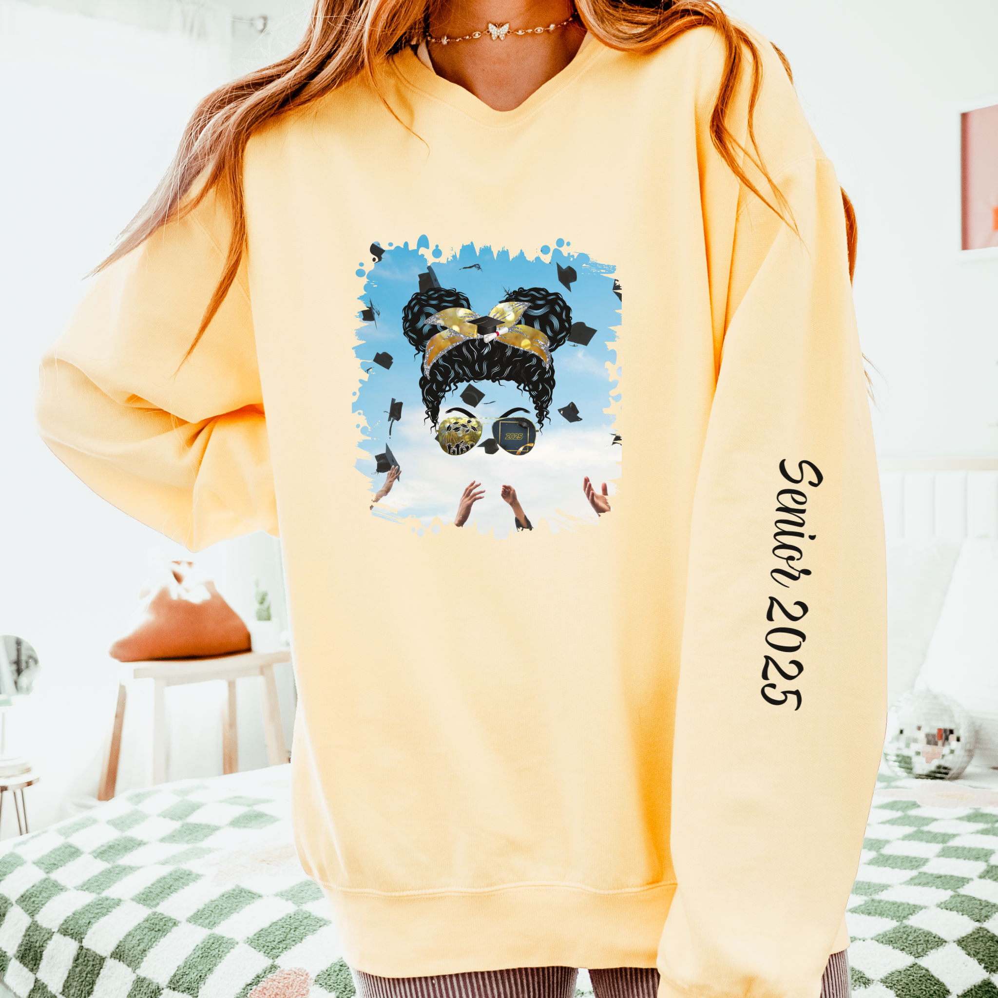 Celebration, Black Hair Messy Bun, Unisex Lightweight Crewneck Sweatshirt