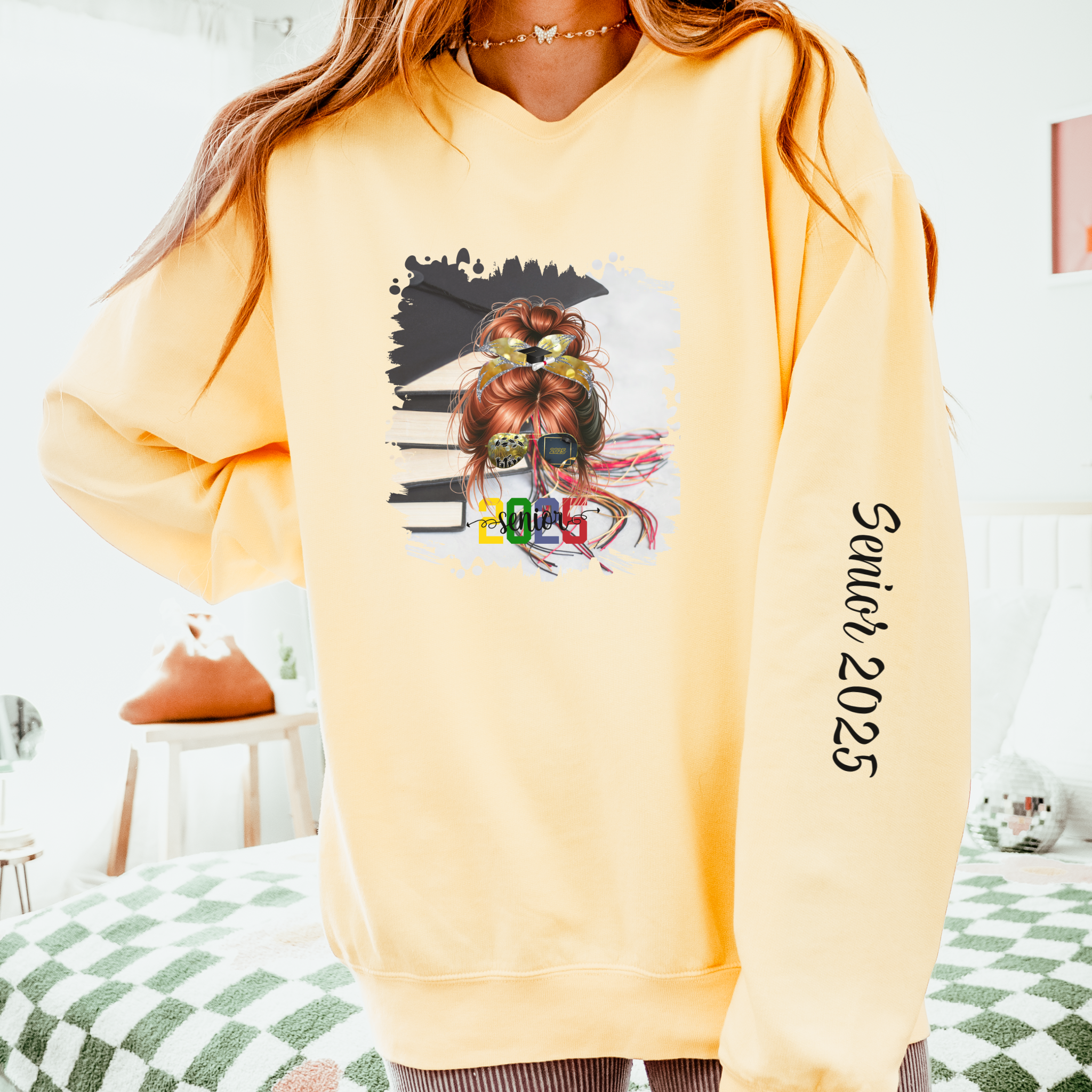 Senior 2025 Colorful, Cap & Books, Red Hair Messy Bun, Unisex Lightweight Crewneck Sweatshirt