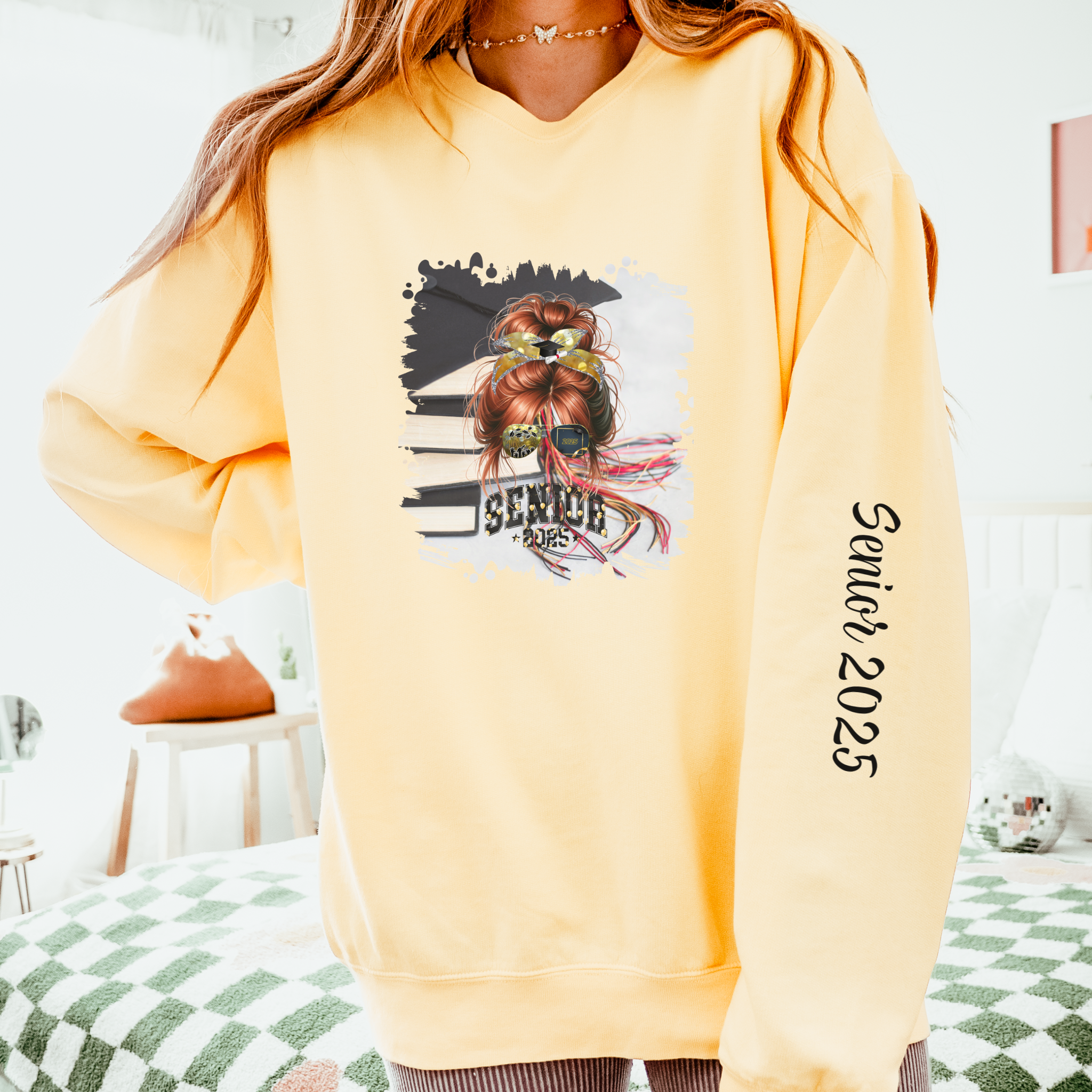 Senior 2025 Balloons, Cap & Books, Red Hair Messy Bun, Unisex Lightweight Crewneck Sweatshirt