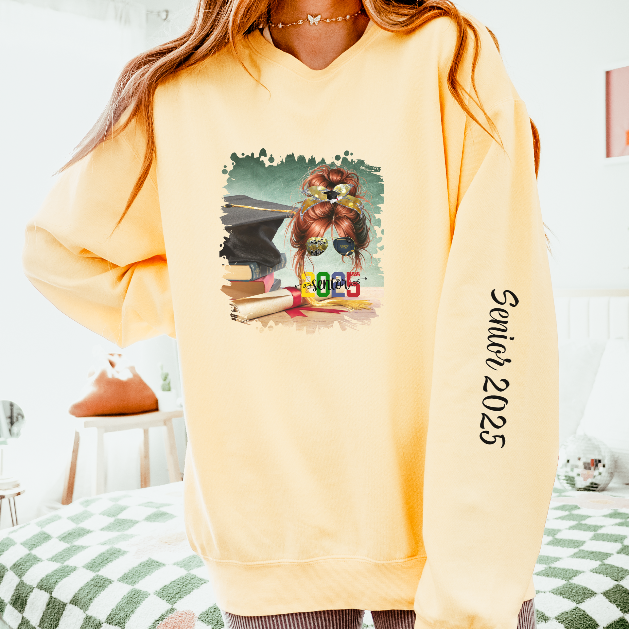 Senior 2025 Colorful, Cap & Degree/Diploma, Red Hair Messy Bun, Unisex Lightweight Crewneck Sweatshirt