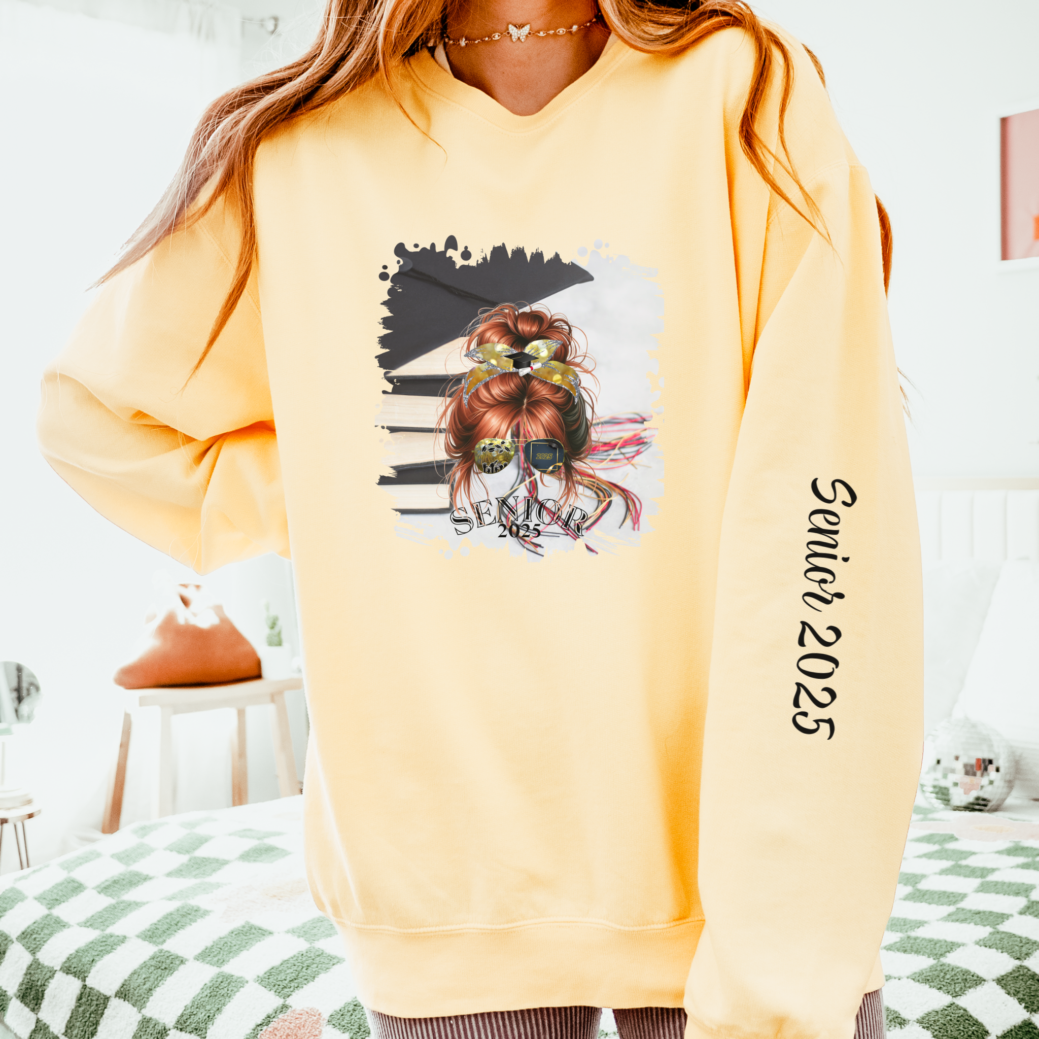 Senior Mom, Cap & Books, Red Hair Messy Bun, Unisex Lightweight Crewneck Sweatshirt