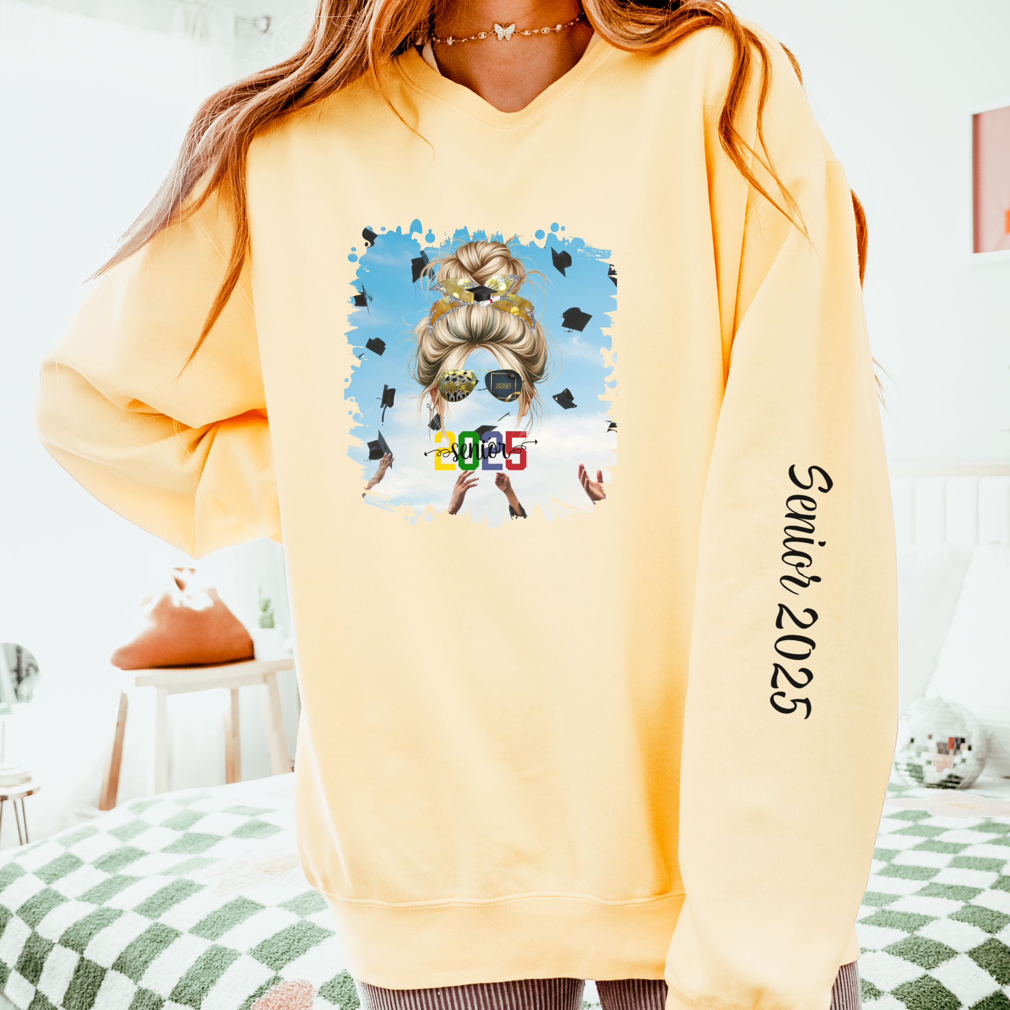 Senior 2025 Colorful, Celebration, Blond Hair Messy Bun, Unisex Lightweight Crewneck Sweatshirt