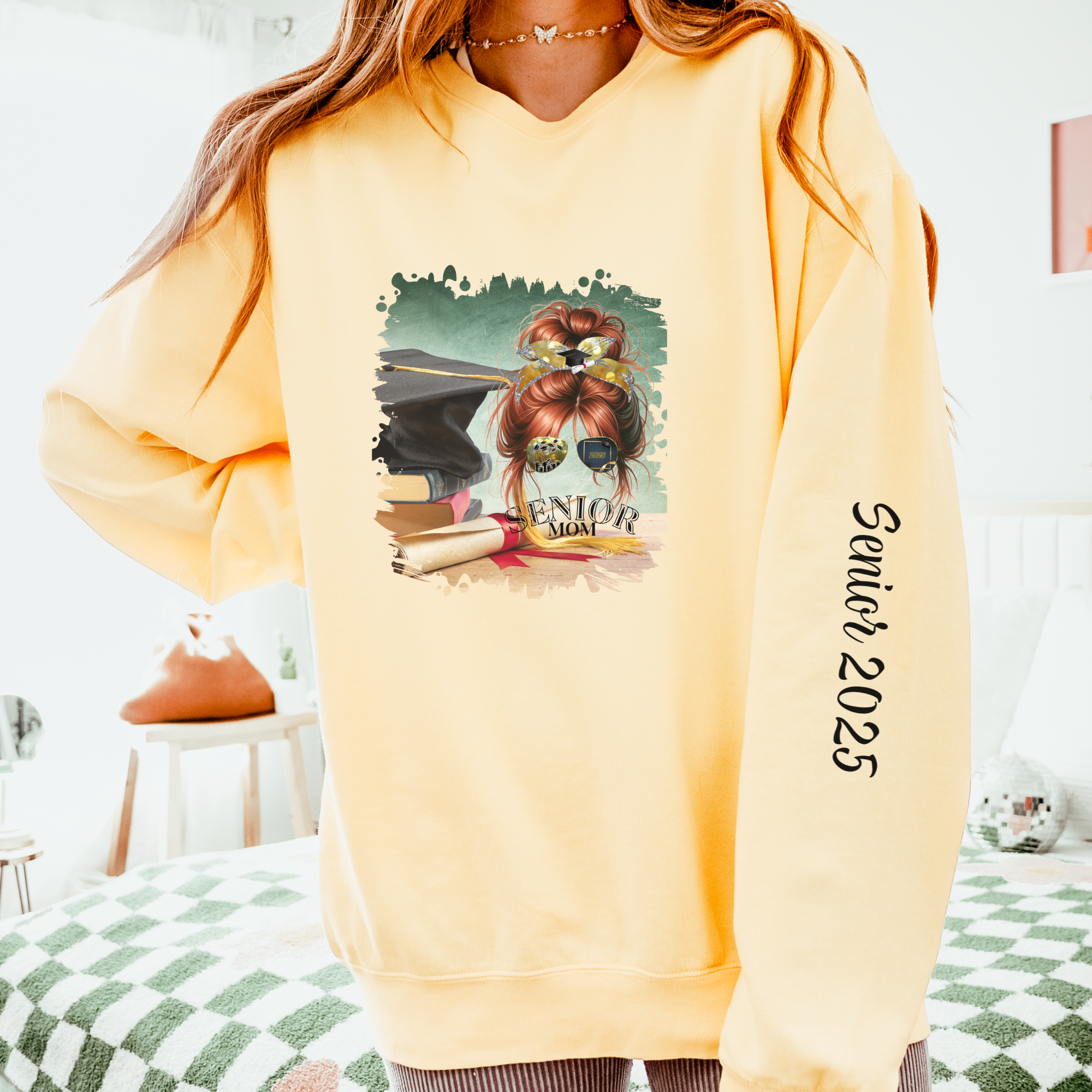 Senior Mom, Cap & Degree/Diploma, Red Hair Messy Bun, Unisex Lightweight Crewneck Sweatshirt