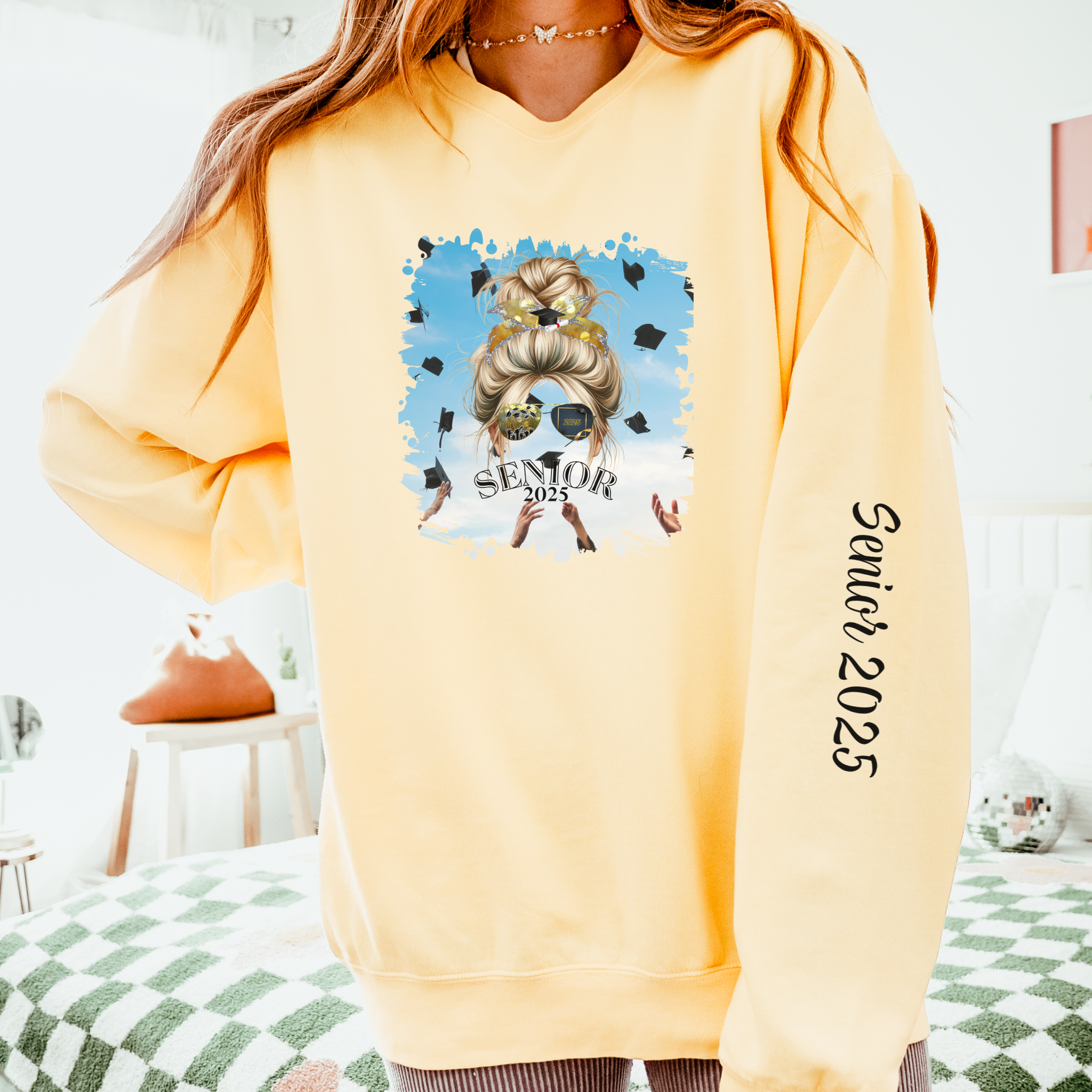 Senior 2025, Celebration, Blond Hair Messy Bun, Unisex Lightweight Crewneck Sweatshirt