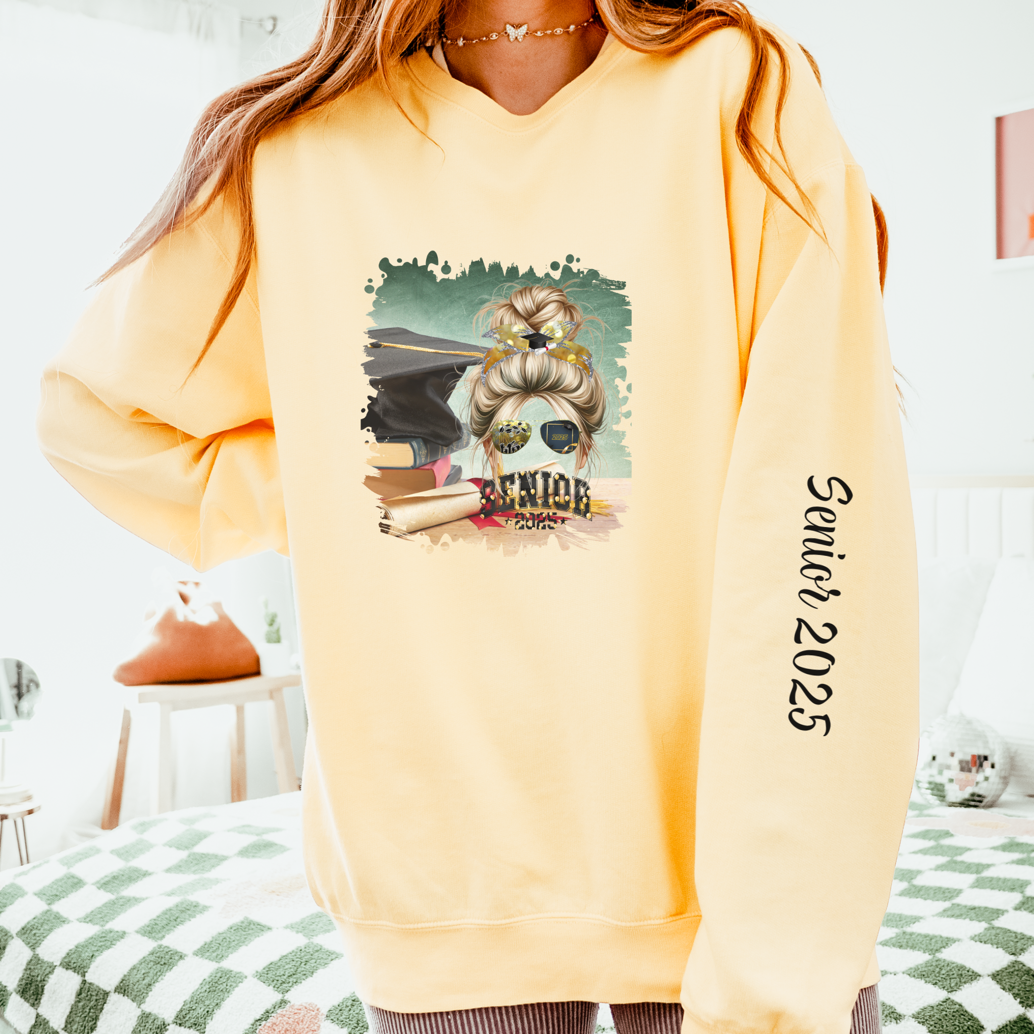 Senior 2025 Balloons, Cap & Degree/Diploma, Blond Hair Messy Bun, Unisex Lightweight Crewneck Sweatshirt