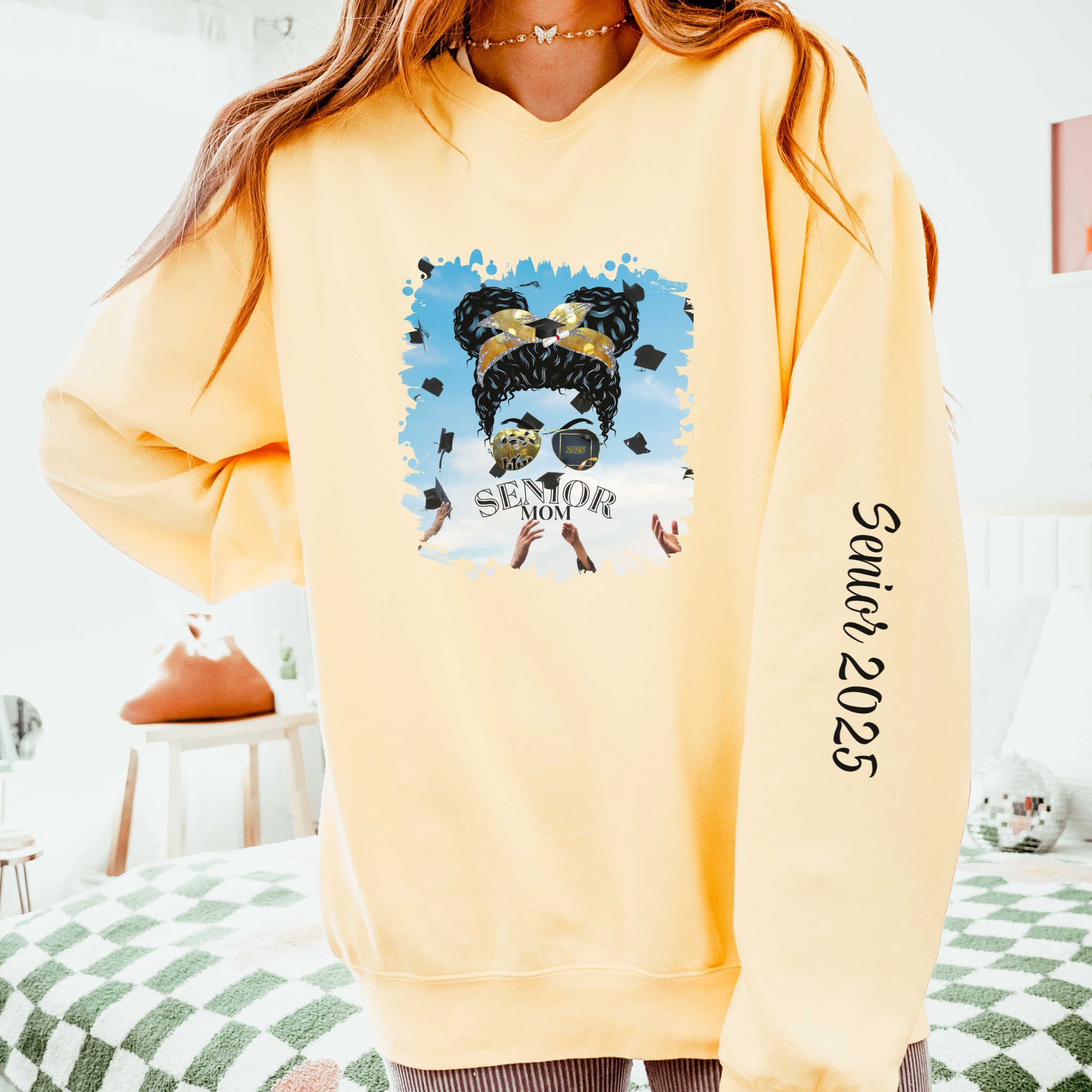 Senior Mom, Celebration, Black Hair Messy Bun, Unisex Lightweight Crewneck Sweatshirt