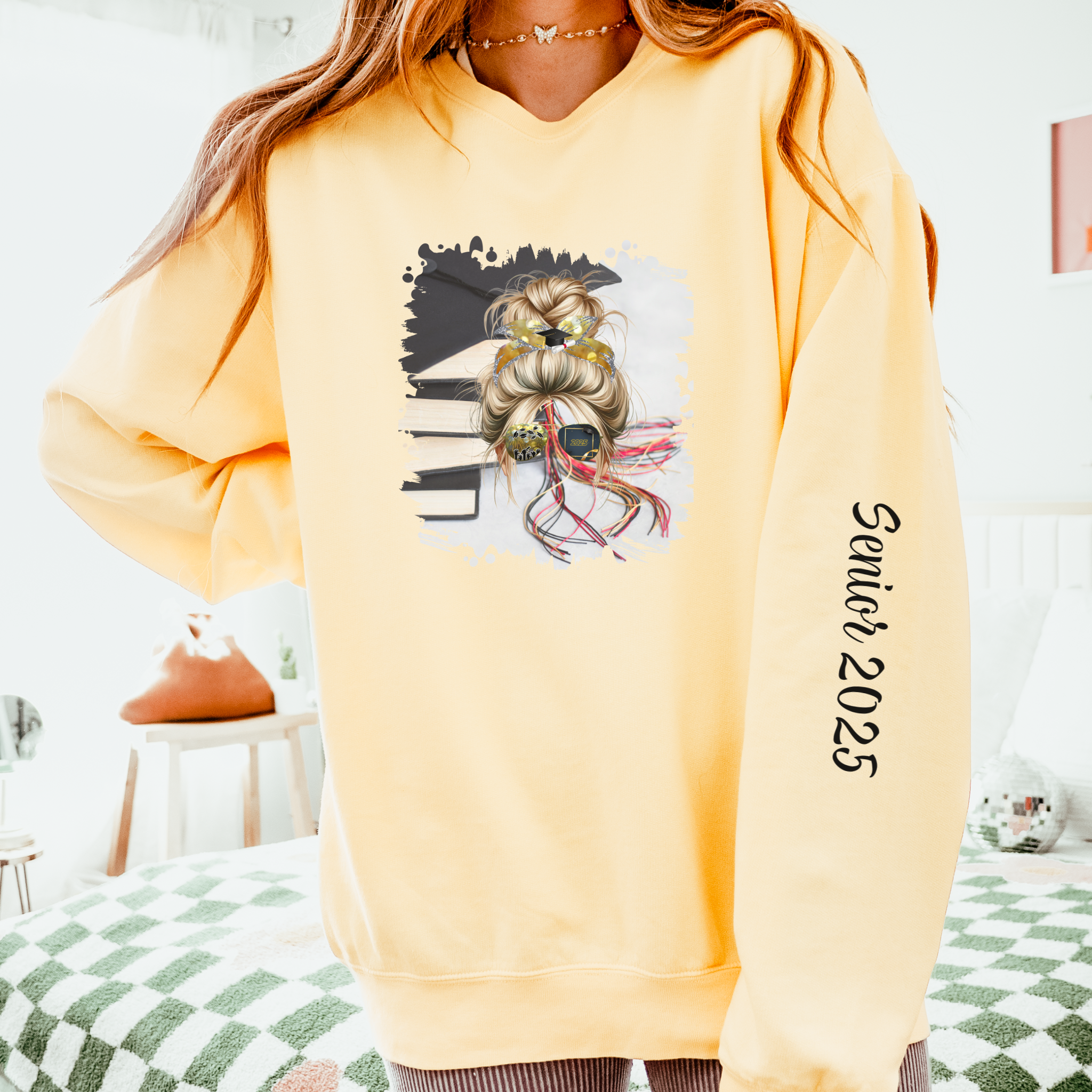 Cap & Books, Blond Hair Messy Bun, Unisex Lightweight Crewneck Sweatshirt