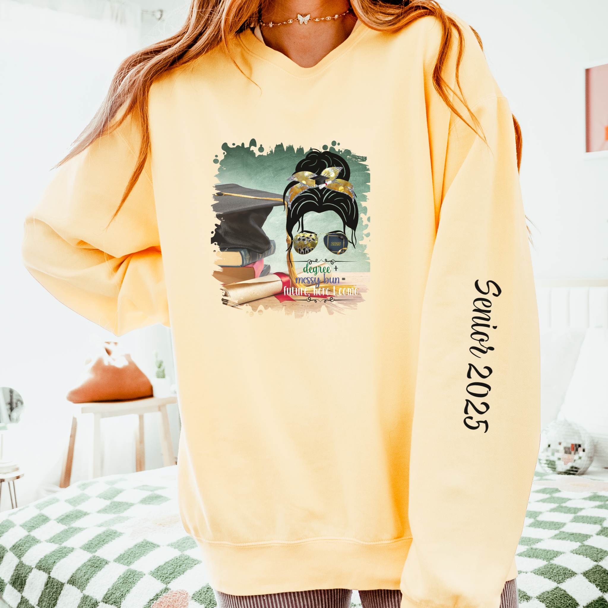 Degree + Messy Bun, Cap & Degree/Diploma, Dark Hair Messy Bun, Unisex Lightweight Crewneck Sweatshirt