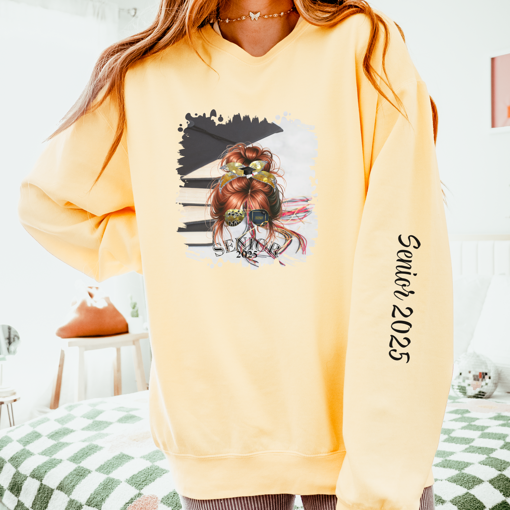 Senior 2025, Cap & Books, Red Hair Messy Bun, Unisex Lightweight Crewneck Sweatshirt