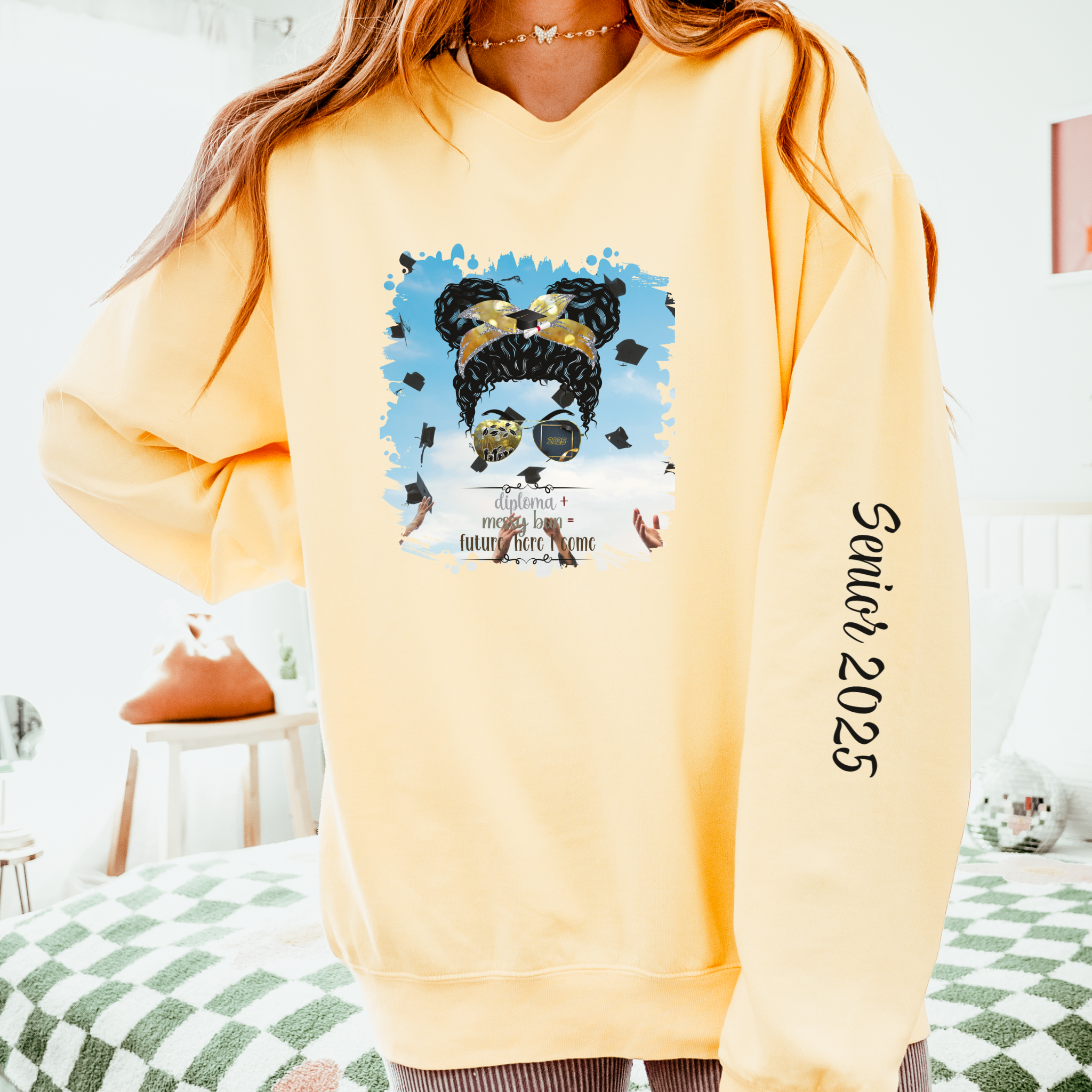 Diploma + Messy Bun, Celebration, Black Hair Messy Bun, Unisex Lightweight Crewneck Sweatshirt