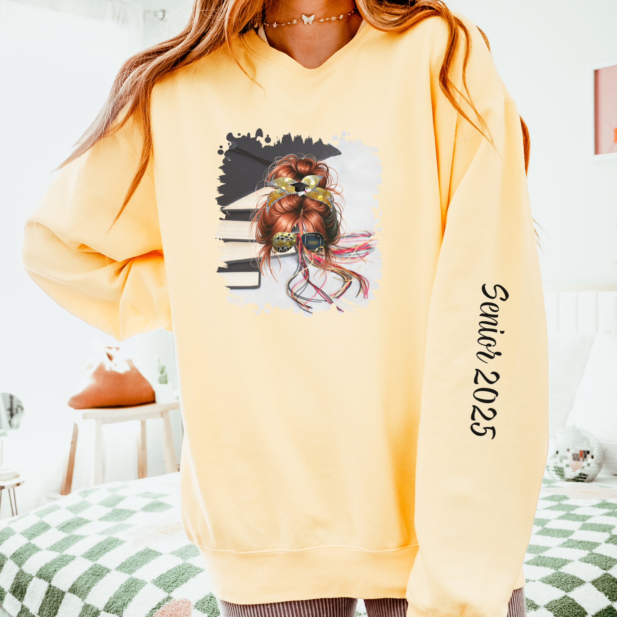 Cap & Books, Red Hair Messy Bun, Unisex Lightweight Crewneck Sweatshirt