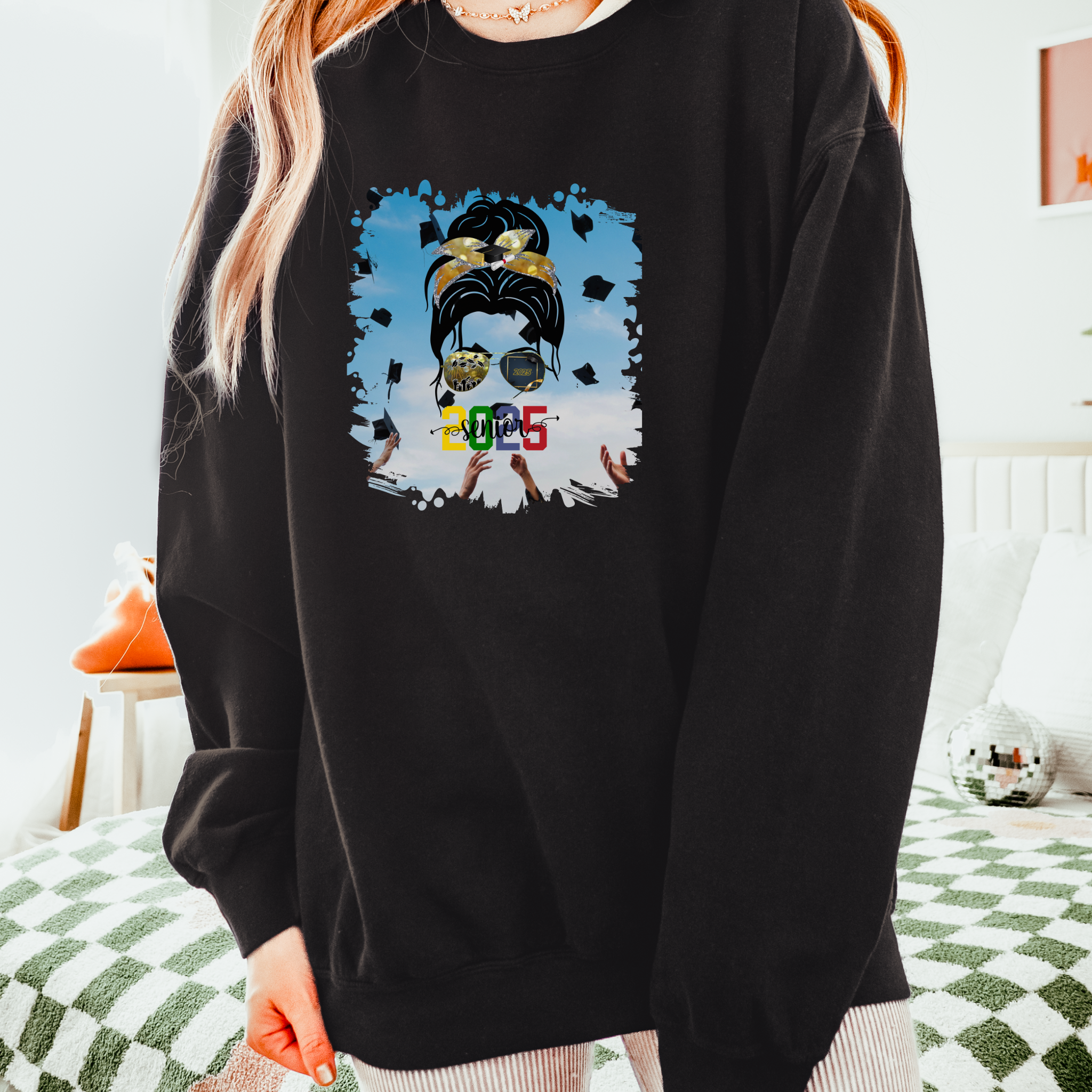 Senior 2025 Colorful, Celebration, Dark Hair Messy Bun, Unisex Lightweight Crewneck Sweatshirt