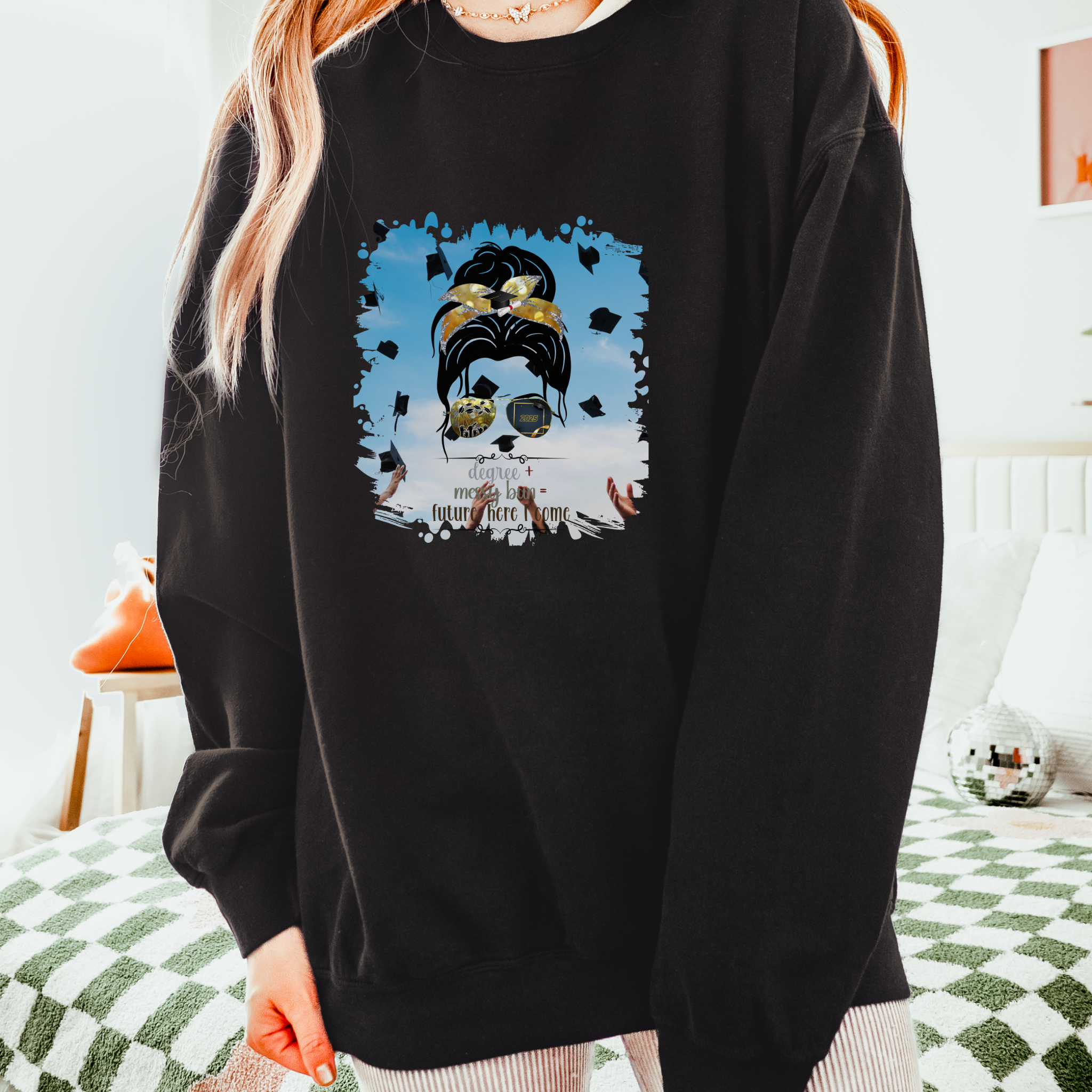 Degree + Messy Bun, Celebration, Dark Hair Messy Bun, Unisex Lightweight Crewneck Sweatshirt