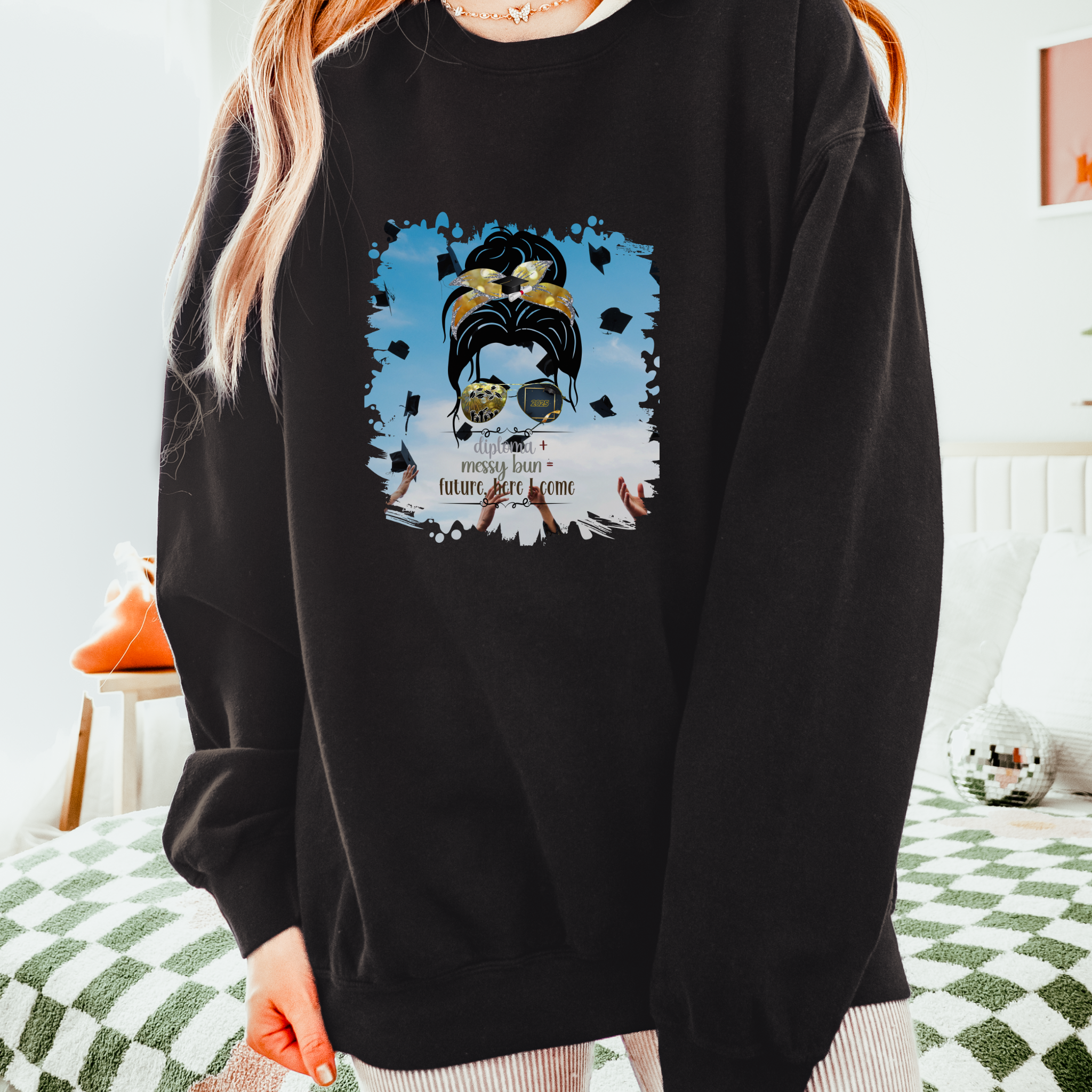 Diploma + Messy Bun, Celebration, Dark Hair Messy Bun, Unisex Lightweight Crewneck Sweatshirt
